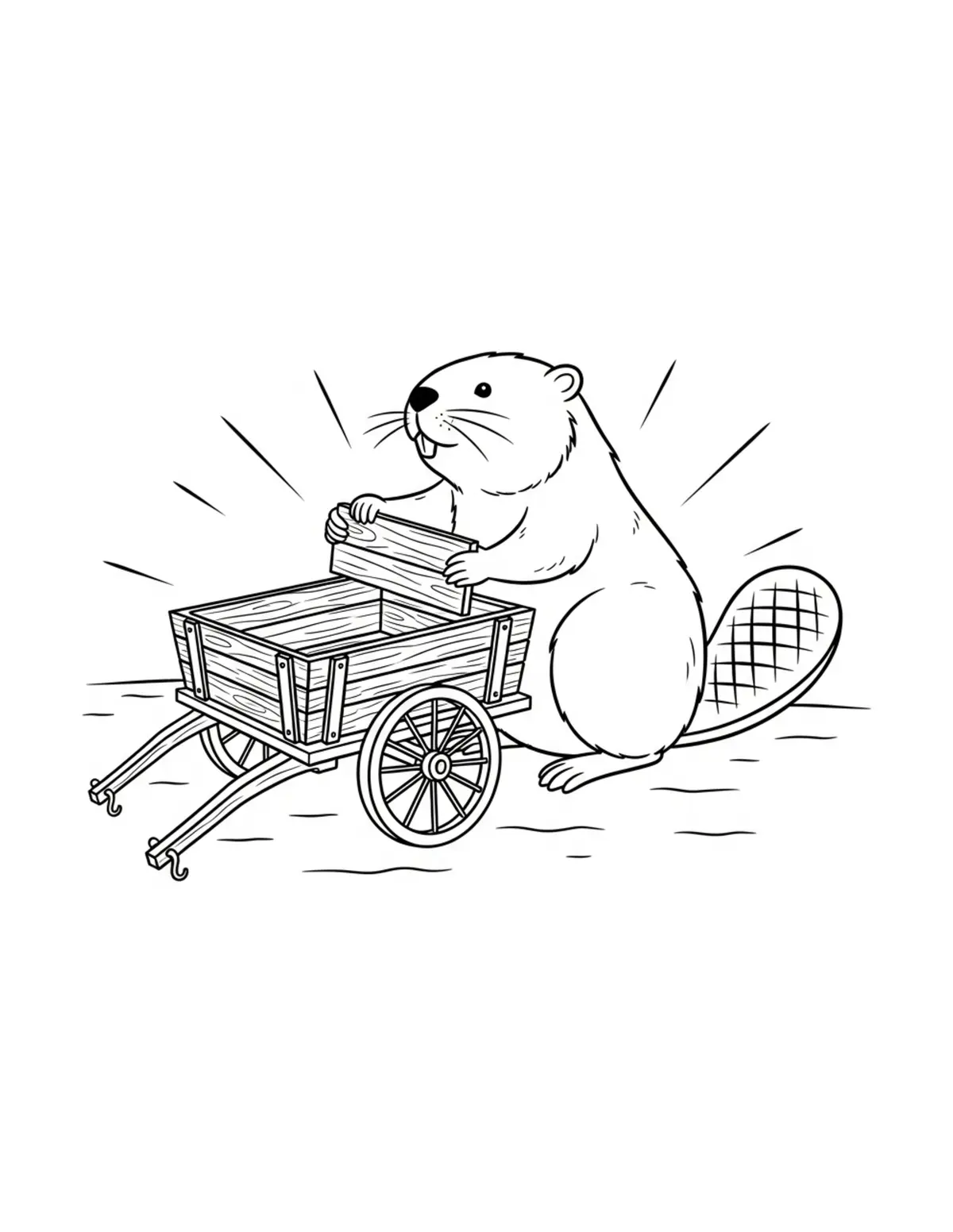 Beaver Assembling a Wooden Wagon Coloring Page - free printable JPG featuring adorable woodland beaver
