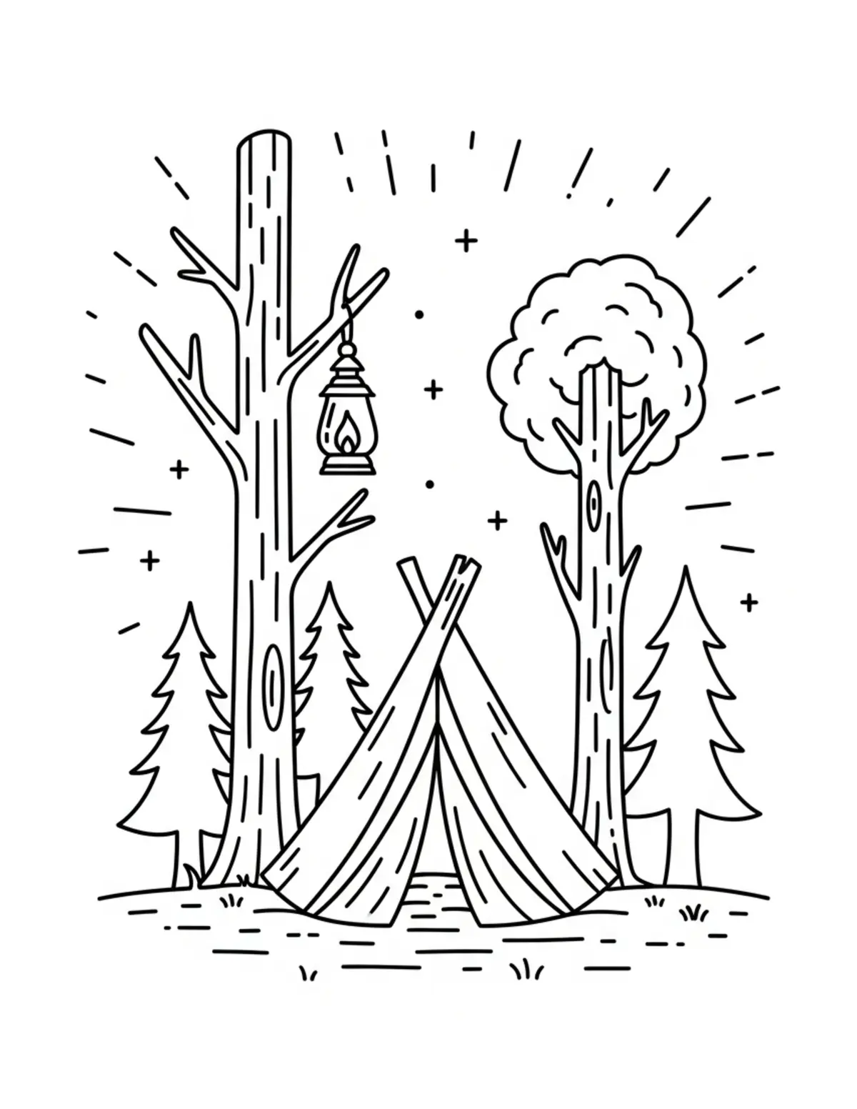 Free printable coloring page: cozy forest camp lantern night coloring page. Cute and cozy summer design for kids and adults to download and print.