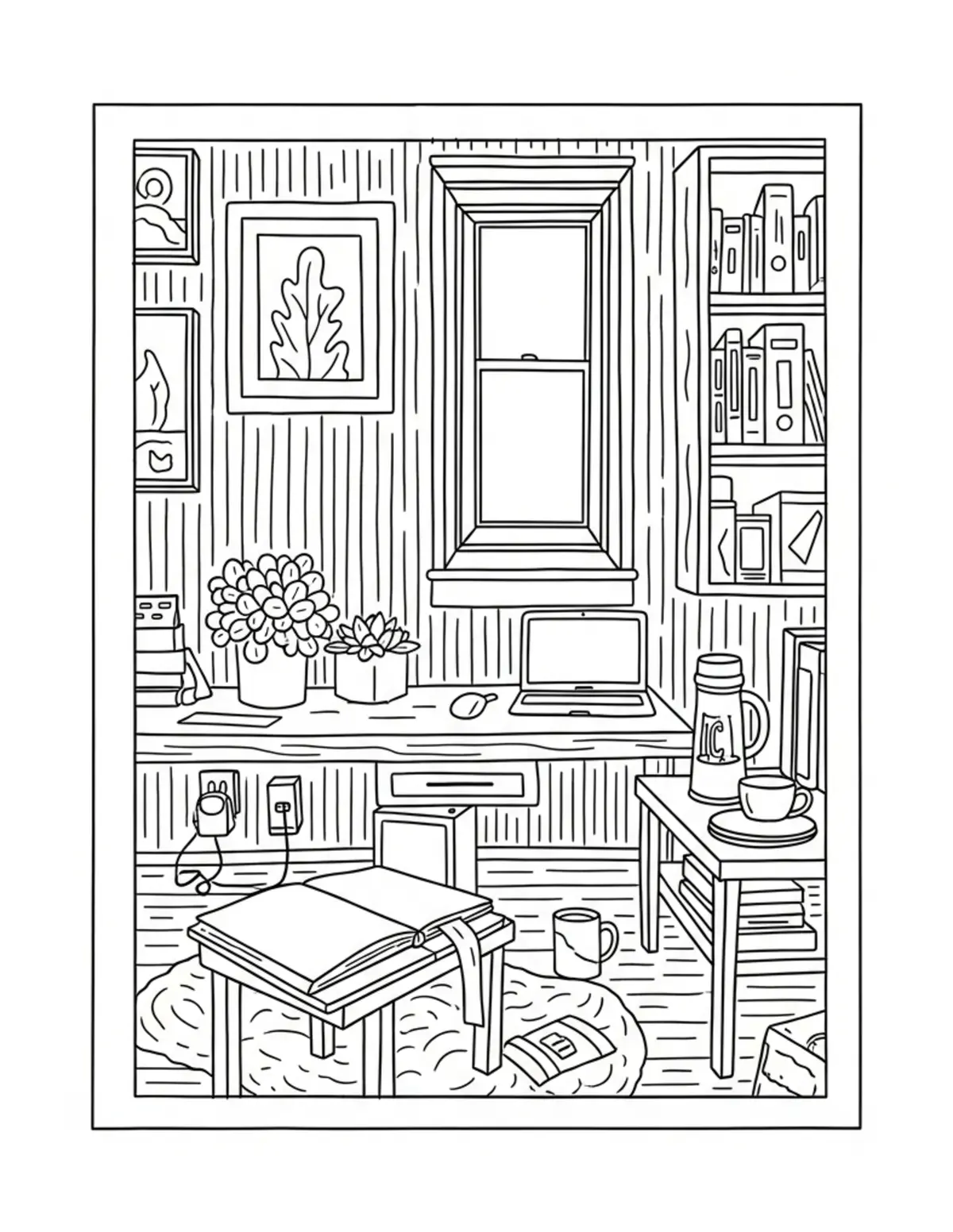 Free printable coloring page: cozy sketchbook corner coloring page. Cute and cozy design for kids and adults to download and print.