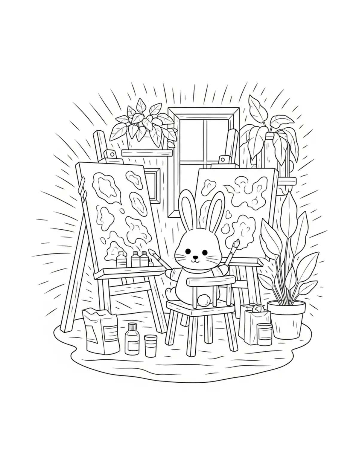 Free printable coloring page: cute bunny artist studio pain coloring page. Cute design for kids and adults.