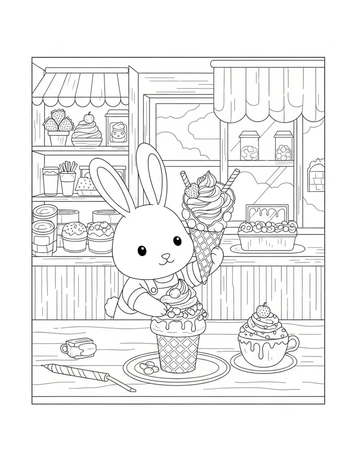Cute Bunny Decorating Waffle C Coloring Page - free printable JPG featuring adorable tiny animal village scene