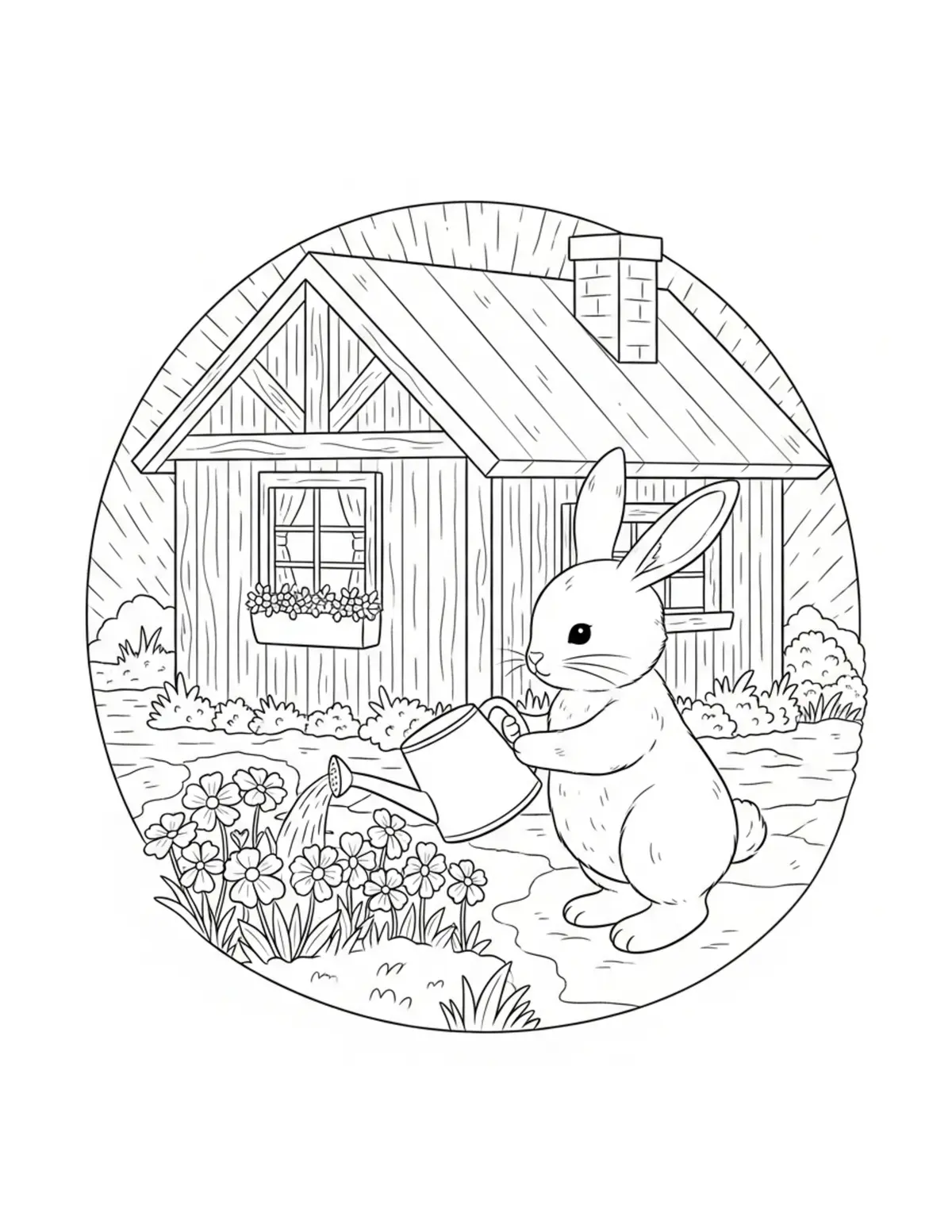 Cute Bunny Watering Flowers Ou Coloring Page - free printable JPG featuring adorable tiny animal village scene