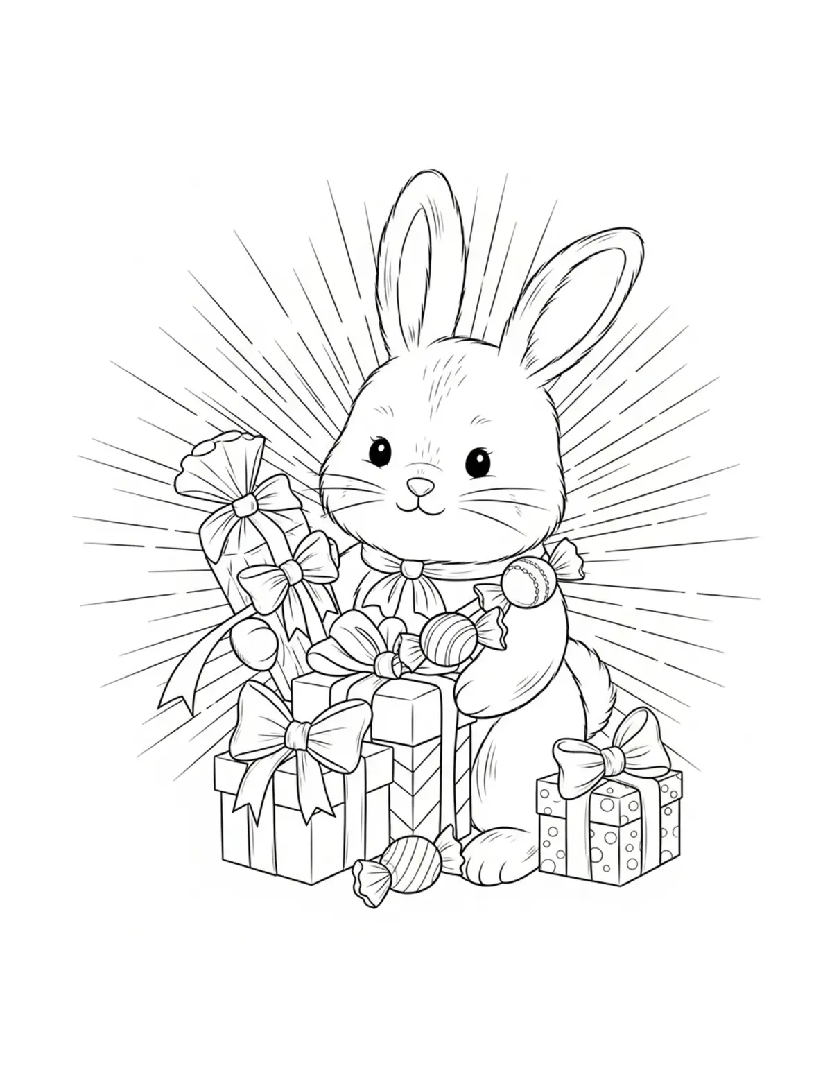 Cute Bunny Wrapping Candy Gift Coloring Page - free printable JPG featuring adorable tiny animal village scene
