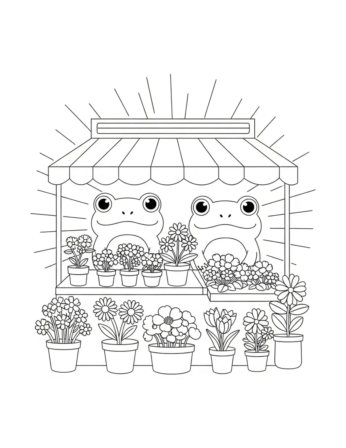 Cute Frog Flower Market Colori — free printable cozy coloring coloring page for kids and adults