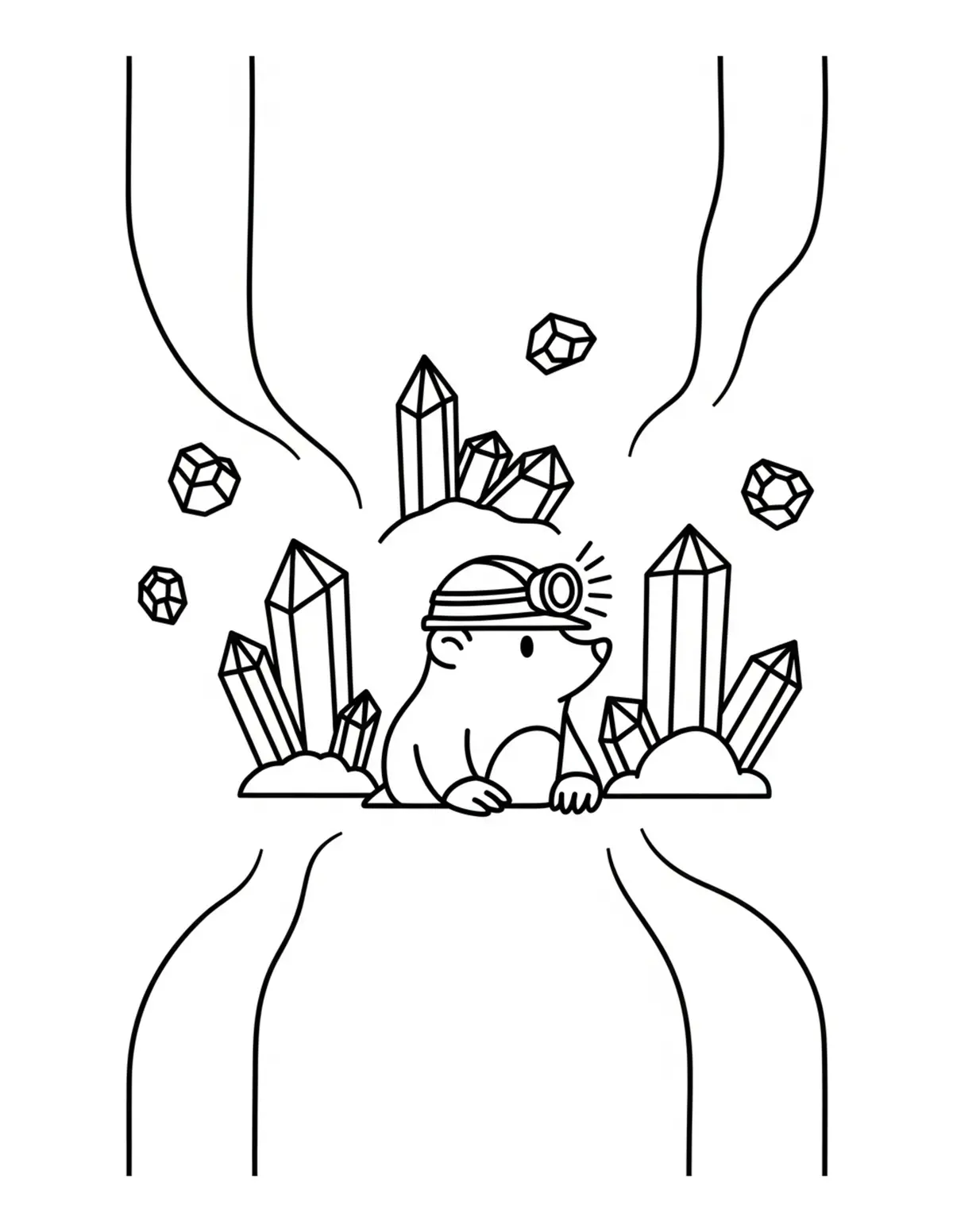 Free printable coloring page: cute mole exploring undergroun coloring page. Cute and cozy tiny animal design for kids and adults to download and print.