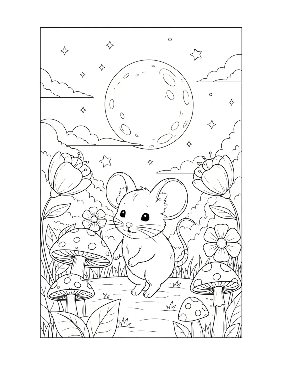 Cute Mouse Moonlight Garden Co — free printable cozy coloring coloring page for kids and adults