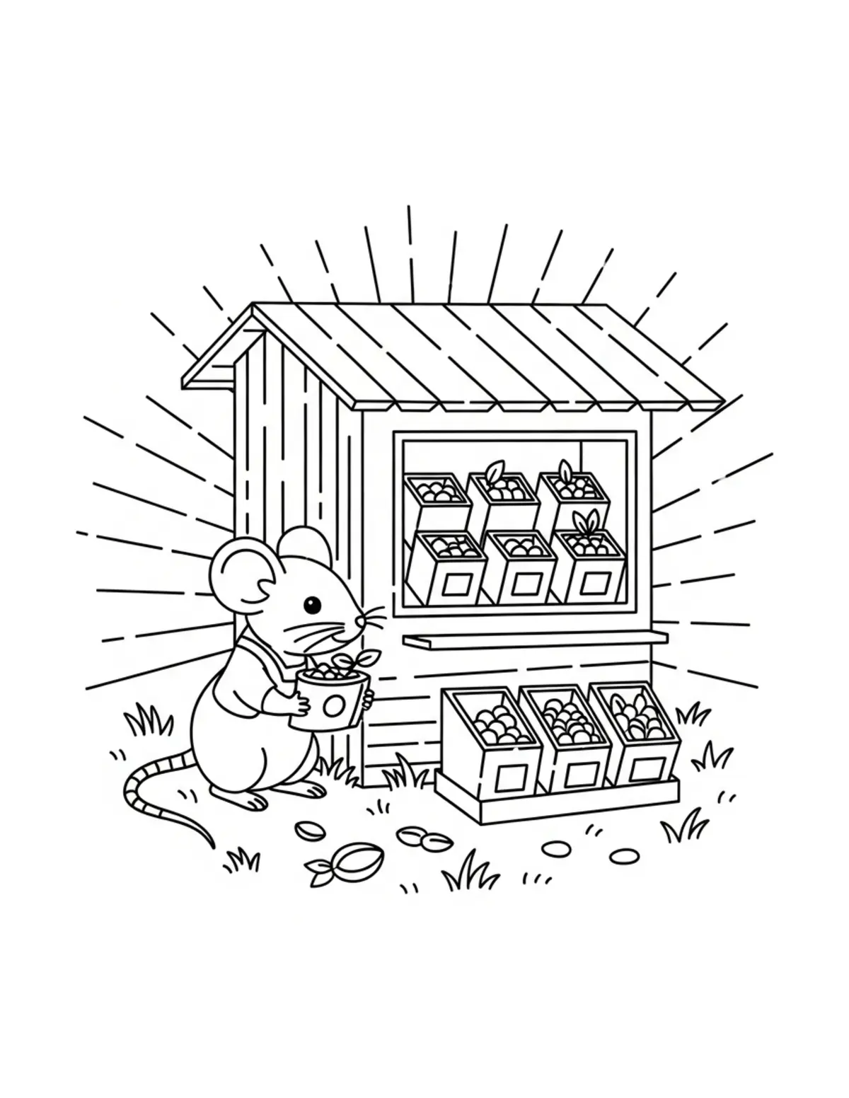 Little Mouse Organizing a Seed Library coloring page - free printable JPG featuring adorable woodland animals