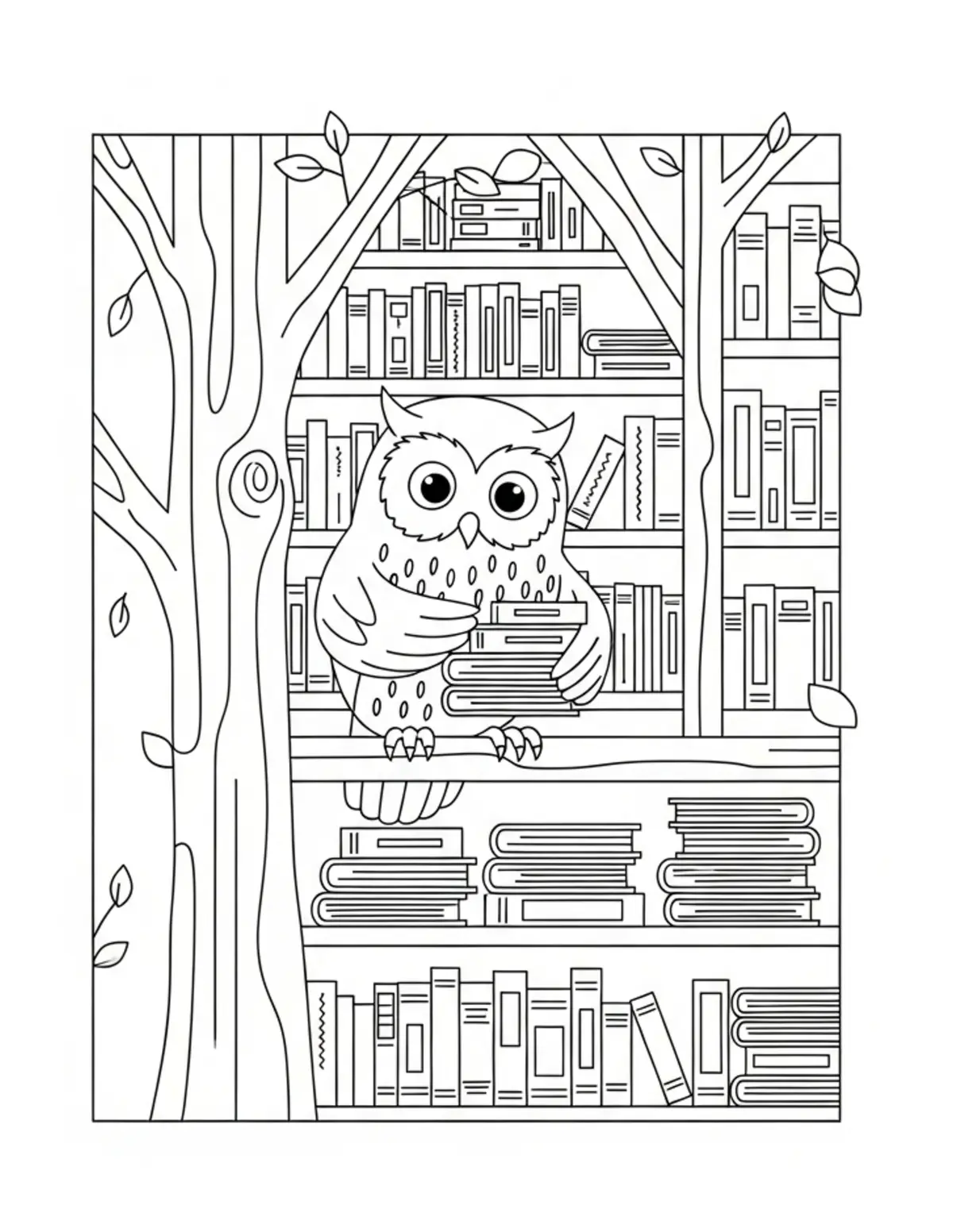 Owl Organizing Books In A Tree Coloring Page - free printable JPG featuring adorable owl reading scenes