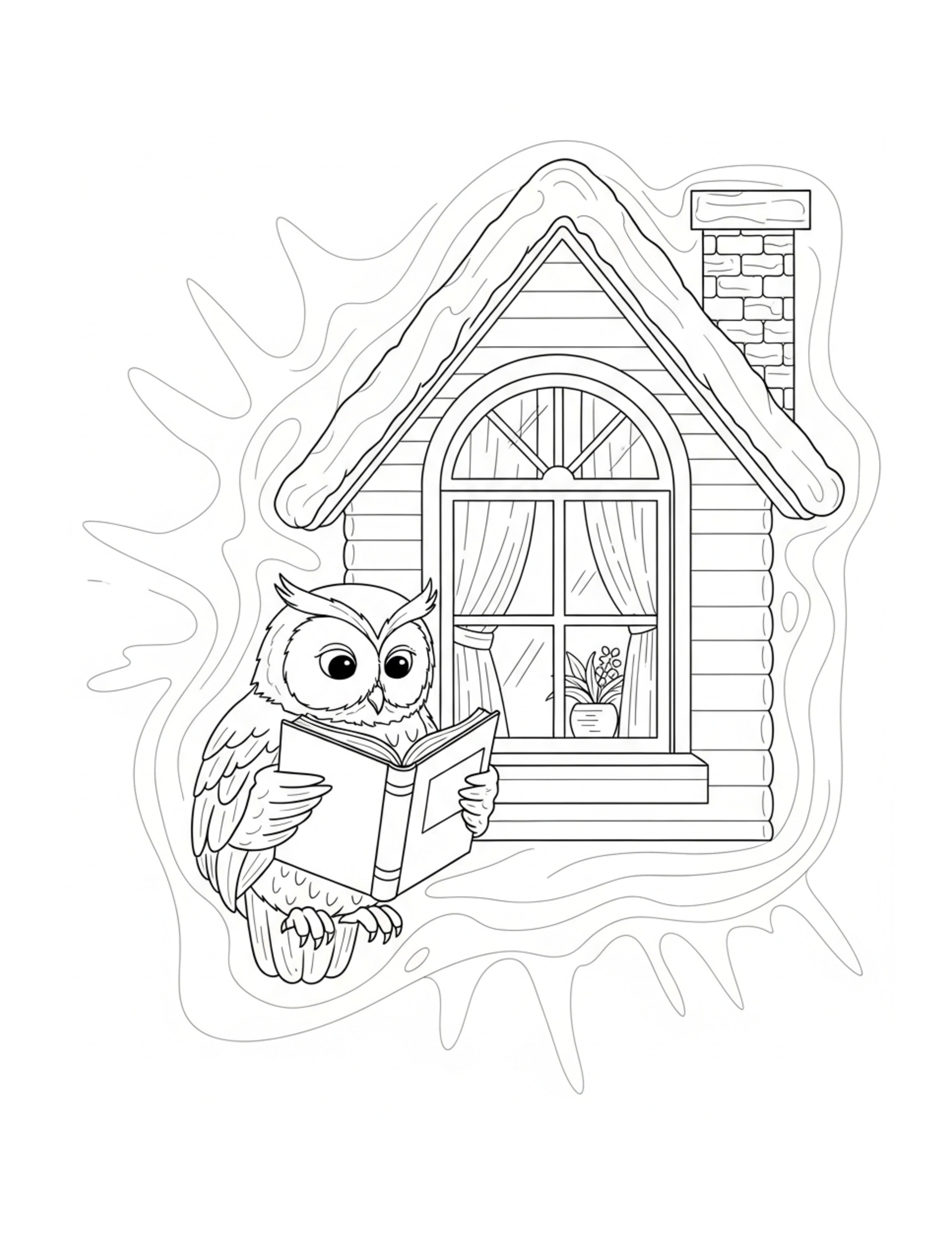 Owl Reading Beside A Cottage Coloring Page - free printable JPG featuring adorable owl