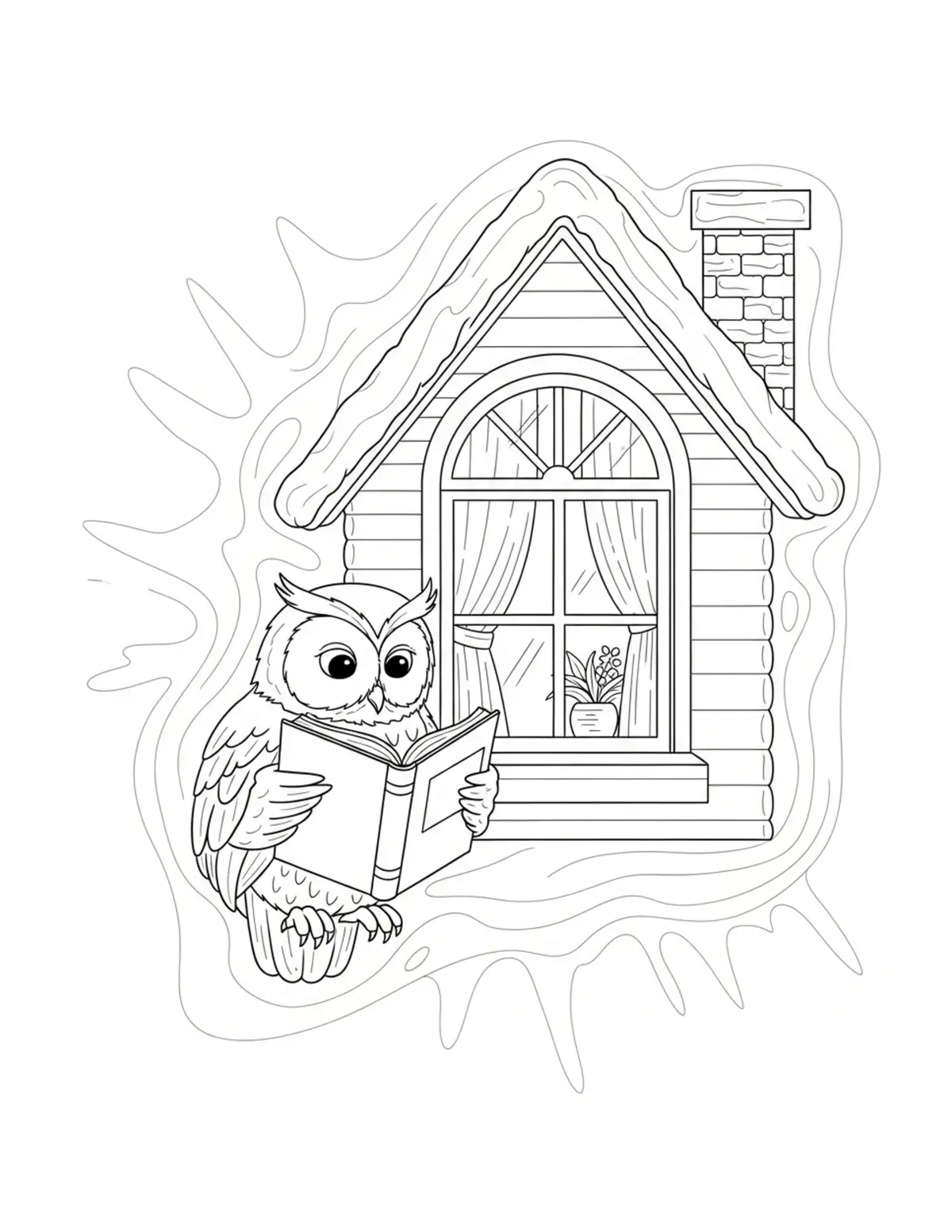 Owl Reading Beside A Cottage Coloring Page - free printable JPG featuring adorable owl