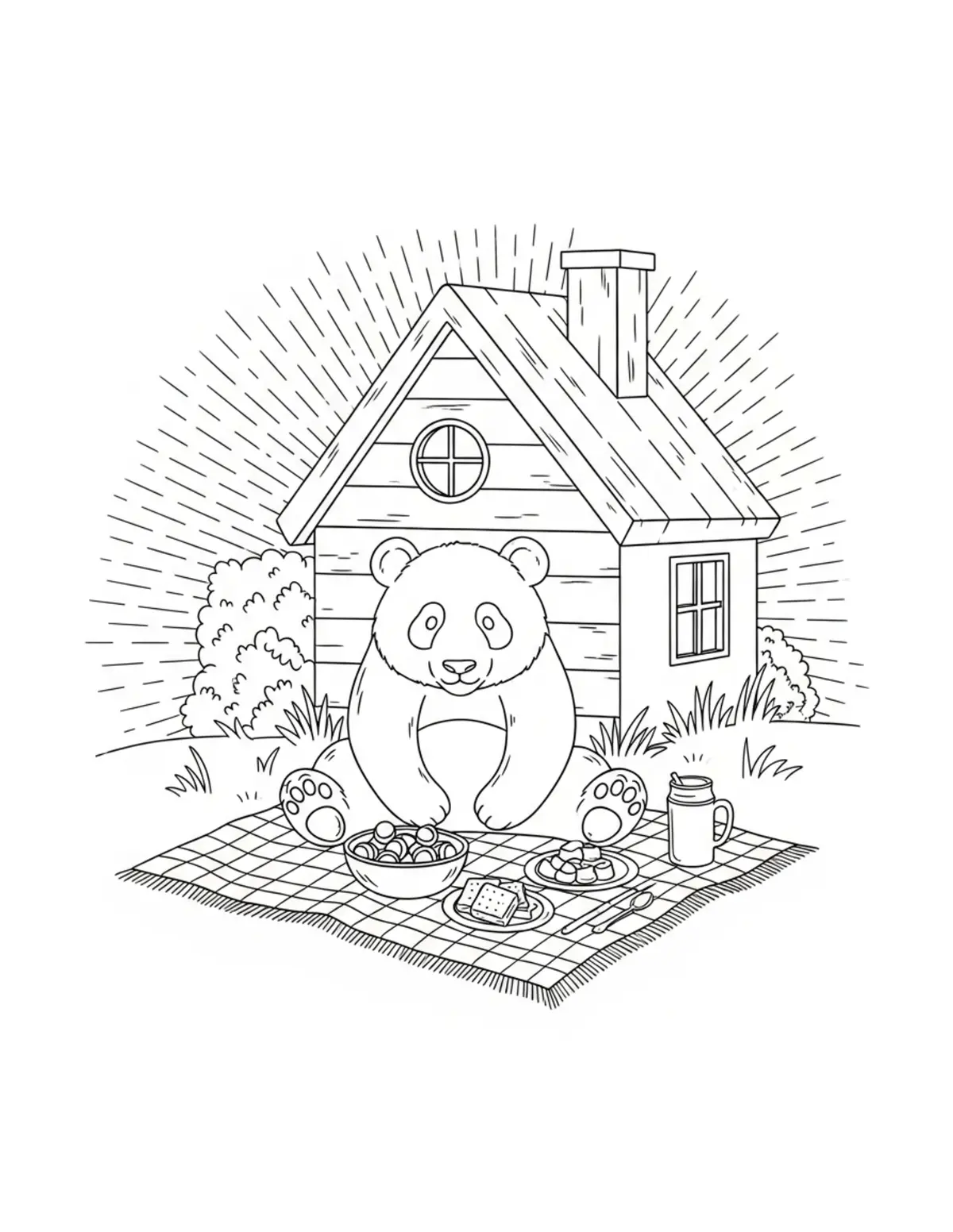 Free printable coloring page: panda cottage picnic coloring page. Cute and cozy design for kids and adults to download and print.