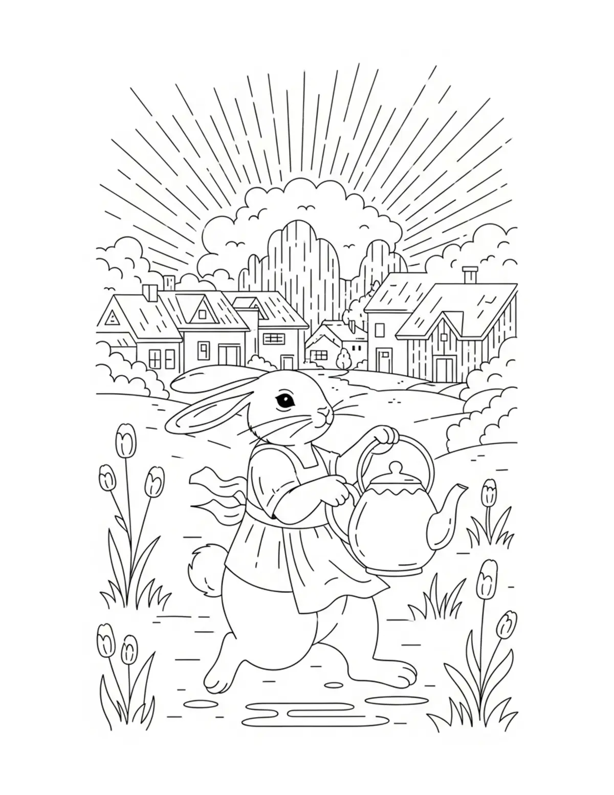 Rabbit Carrying A Teapot Throu Coloring Page - free printable JPG featuring adorable rabbit
