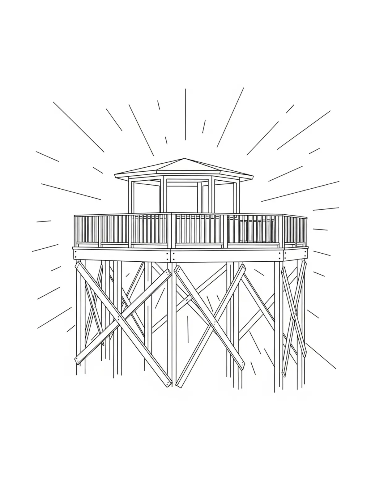Free printable coloring page: secret-forest-observation-deck coloring page. Cute and cozy design for kids and adults to download and print.