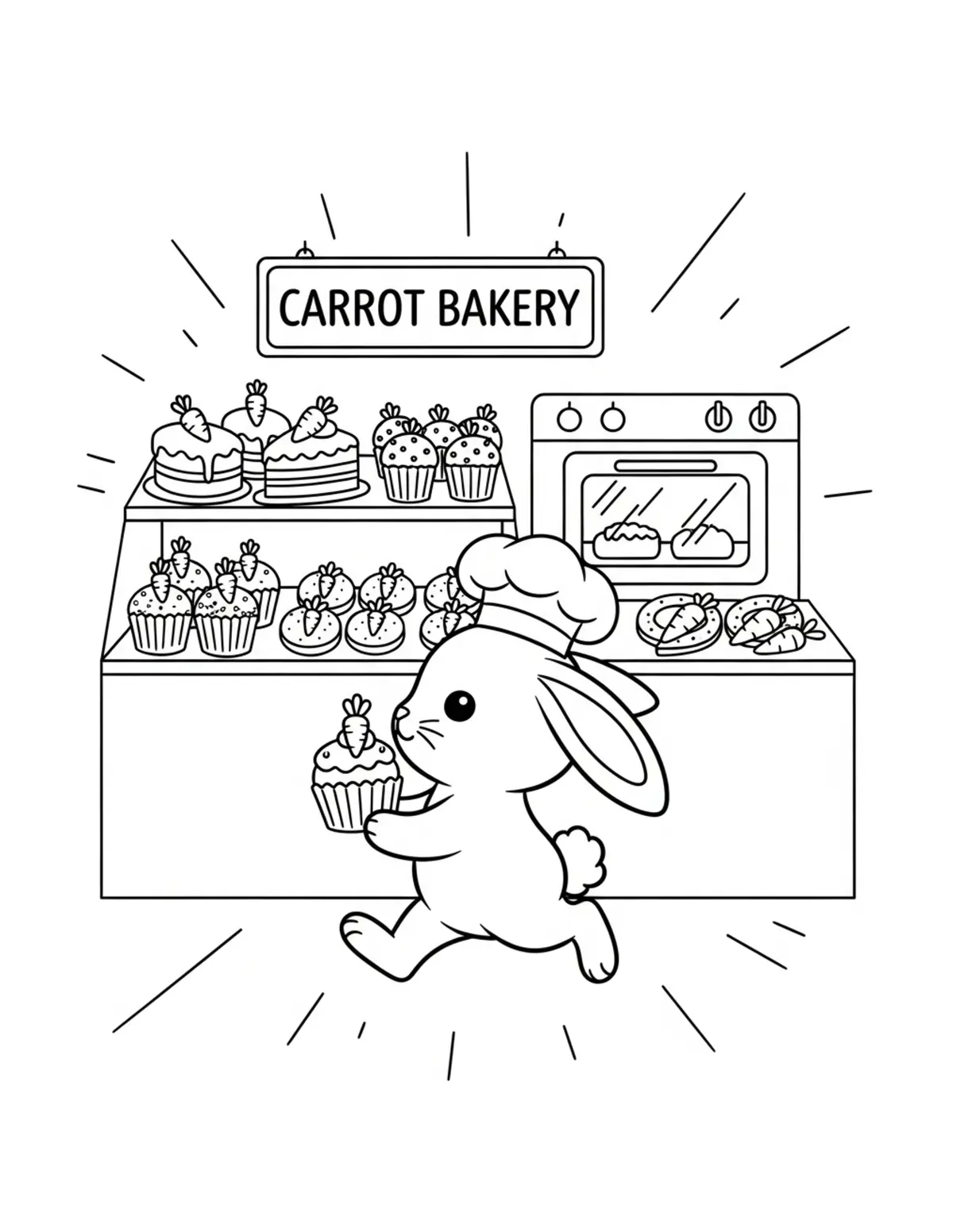 Free printable coloring page: tiny-bunny-running-a-carrot-ba coloring page. Cute and cozy design for kids and adults to download and print.