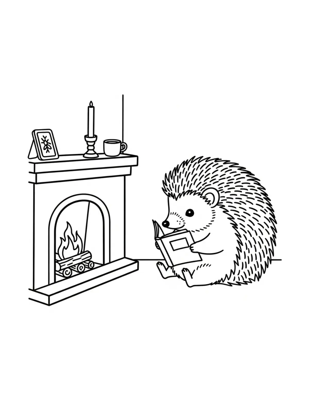 Free printable coloring page: tiny-hedgehog-reading-beside-a coloring page. Cute and cozy design for kids and adults to download and print.