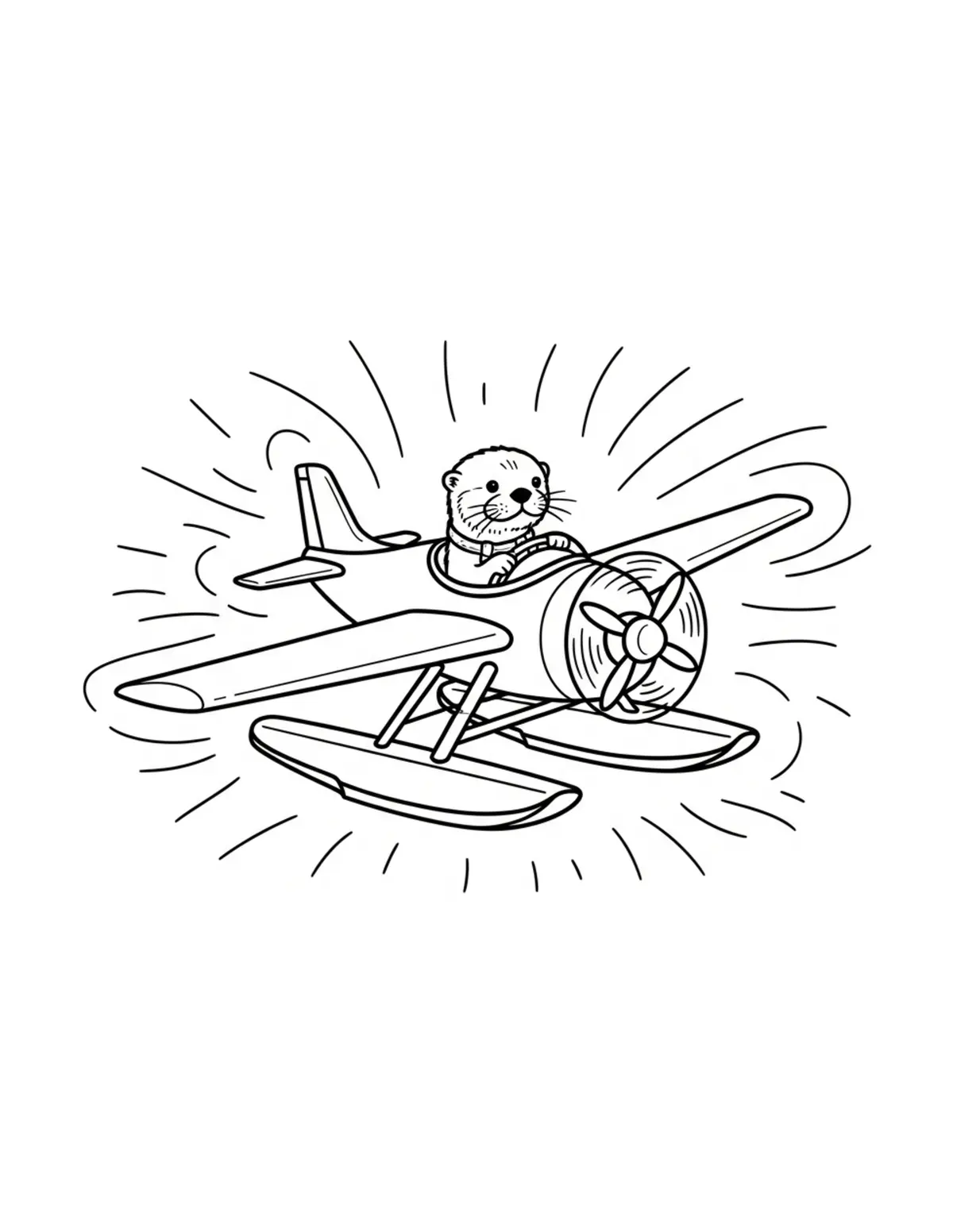 Free printable coloring page: tiny-otter-piloting-a-seaplane coloring page. Cute and cozy design for kids and adults to download and print.