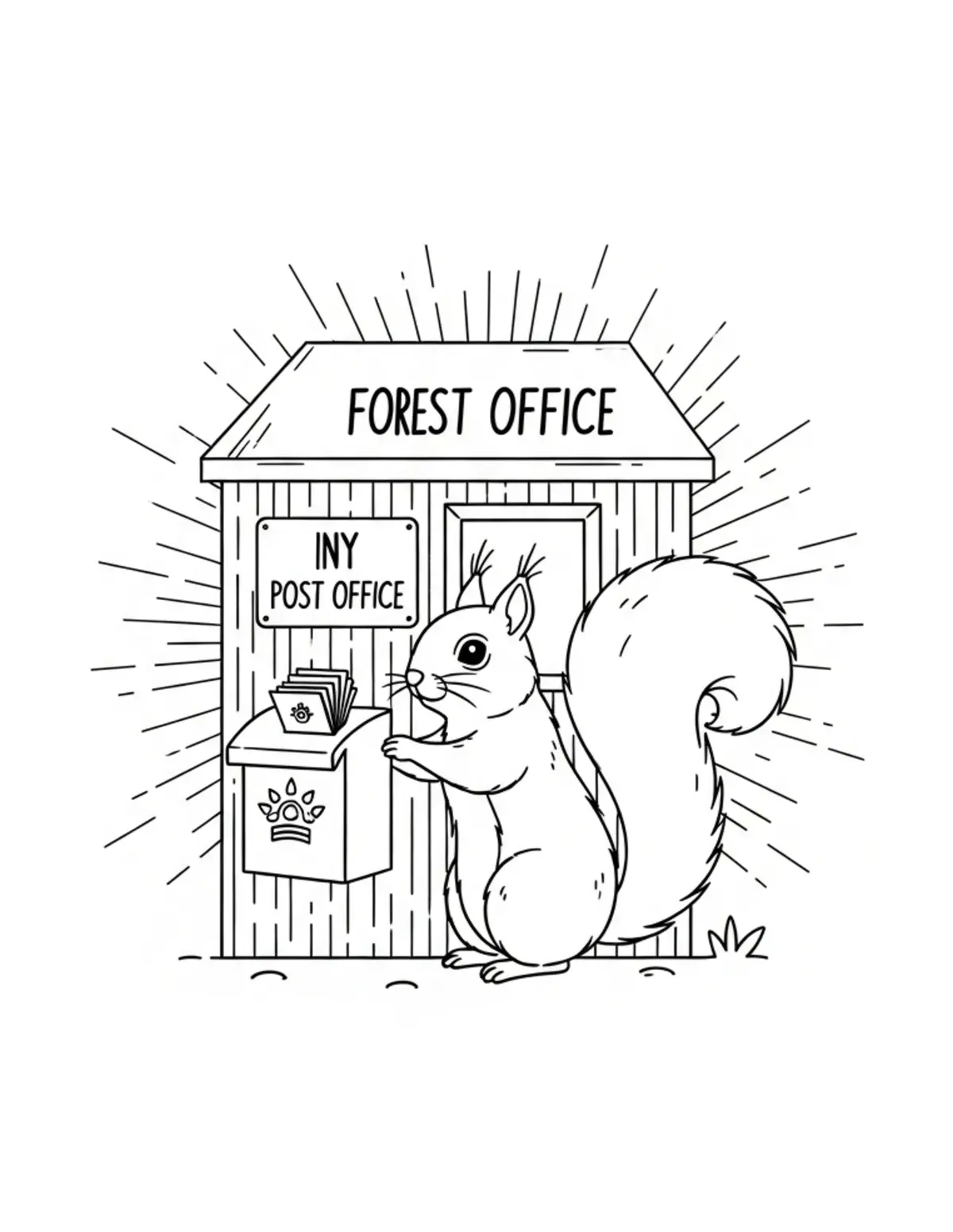 Free printable coloring page: tiny-squirrel-operating-a-fore coloring page. Cute and cozy design for kids and adults to download and print.