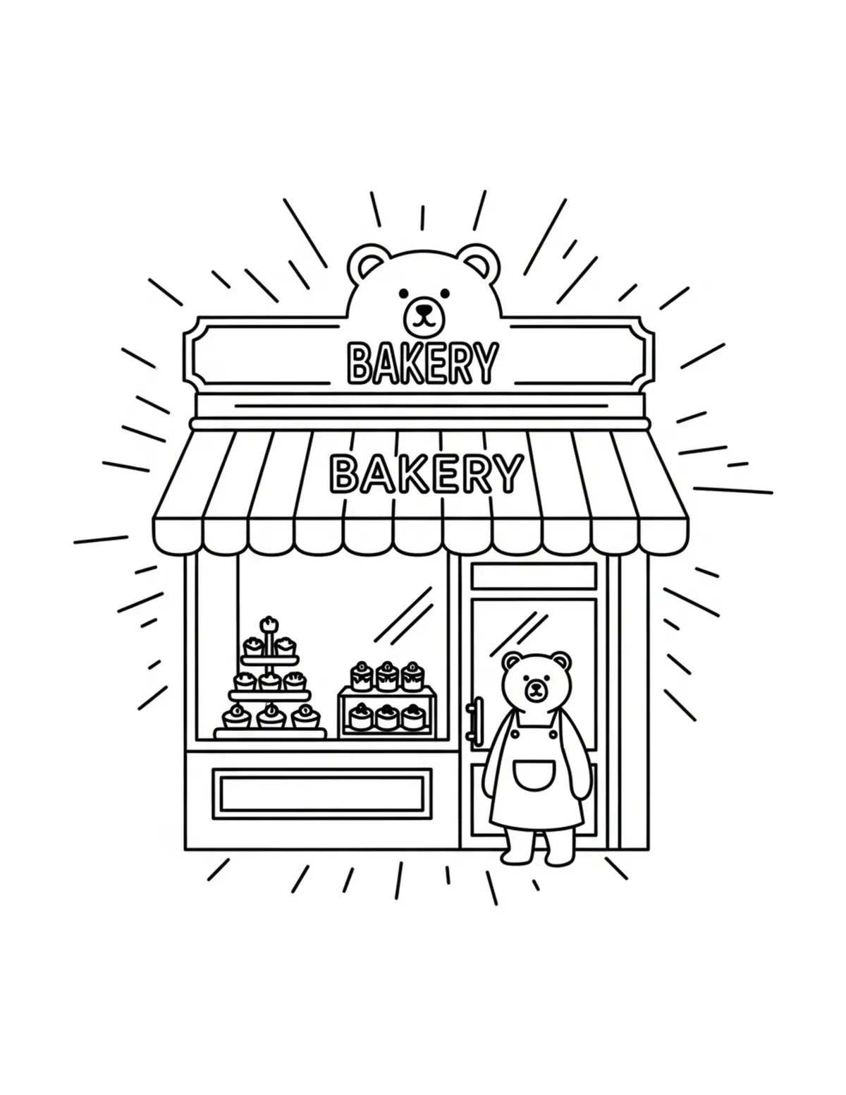 Free printable coloring page: bear-bakery-storefront coloring page. Cute and cozy design for kids and adults to download and print.