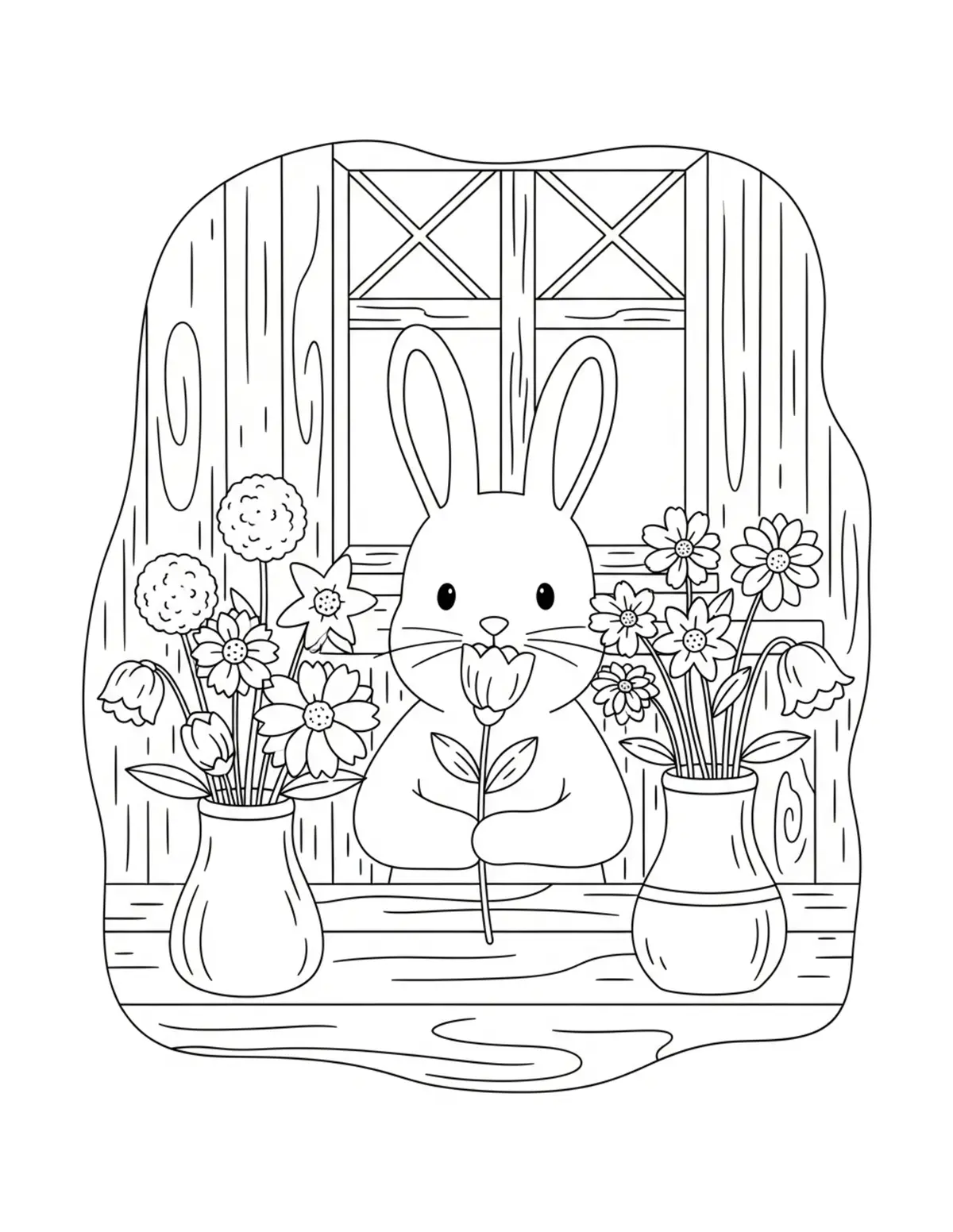 Free printable coloring page: bunny arranging flowers in cot coloring page. Cute and cozy design for kids and adults to download and print.