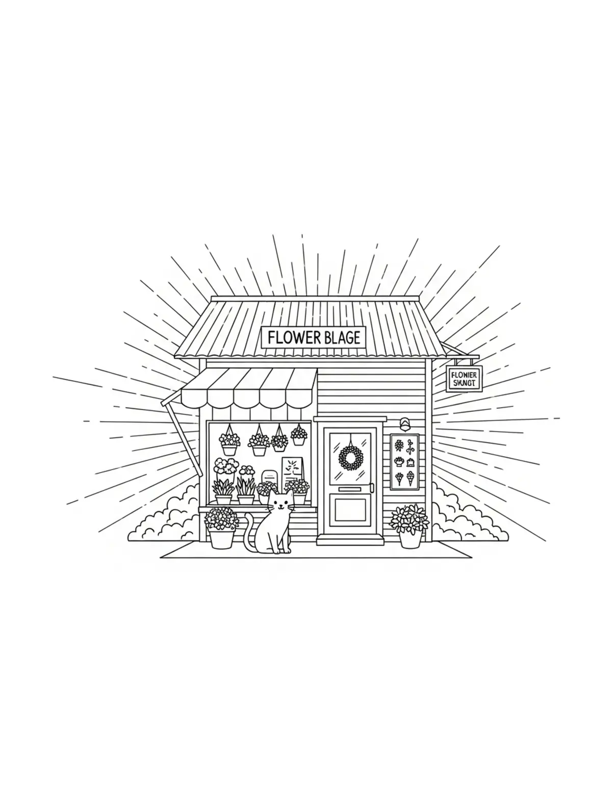 Cat Flower Shop Village Street — free printable cozy coloring coloring page for kids and adults