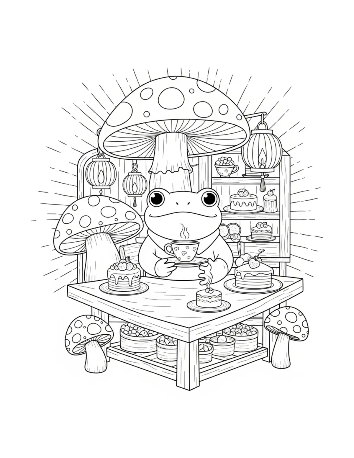 Free printable coloring page: cute frog serving tea inside m coloring page. Cute and cozy animal design for kids and adults to download and print.