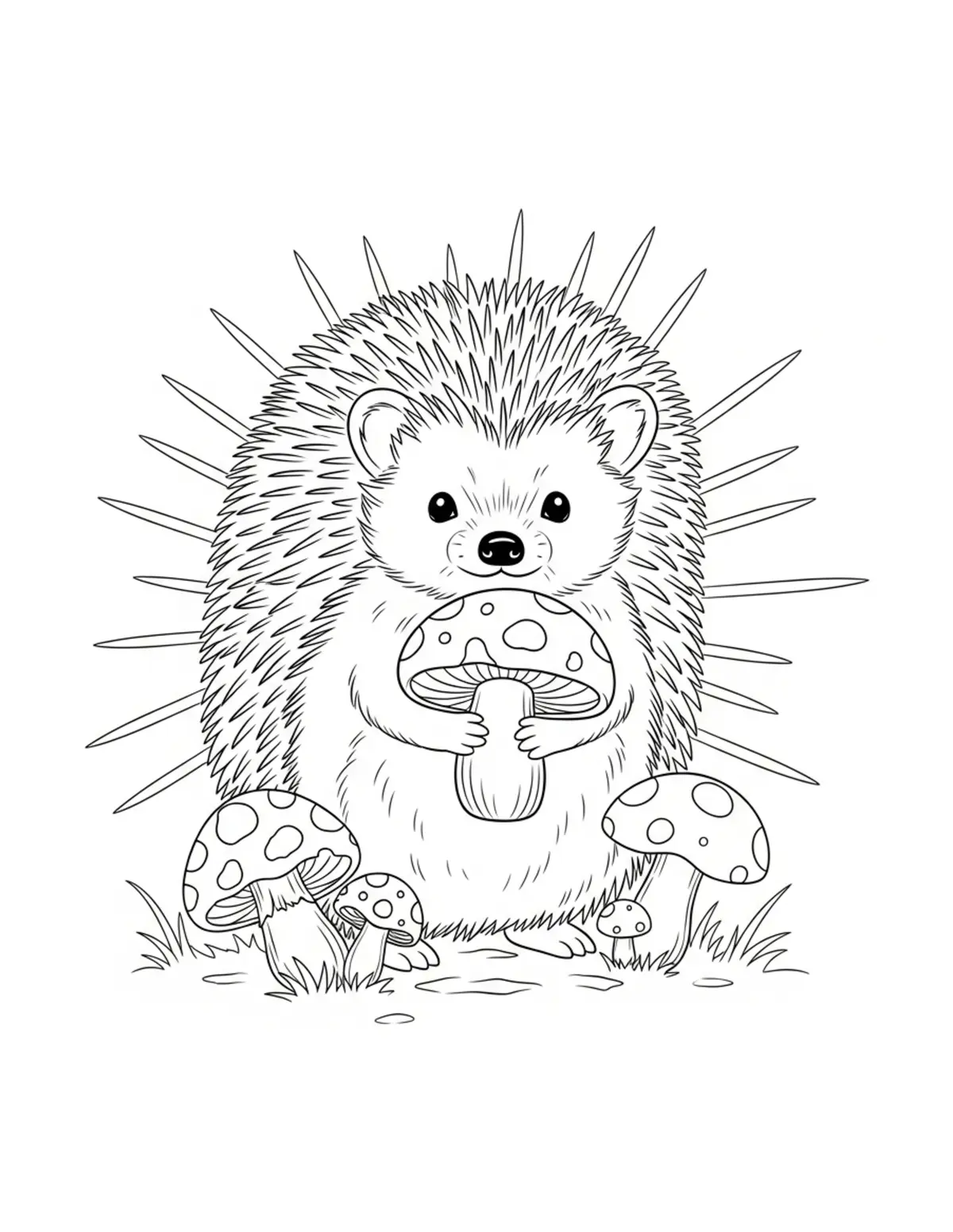 Free printable coloring page: hedgehog collecting mushr coloring page. Cute and cozy design for kids and adults to download and print.