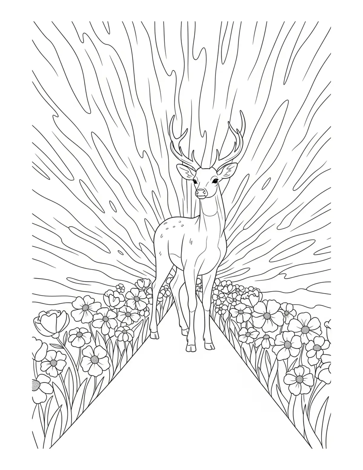 Free printable coloring page: deer flower pathway coloring page. Cute and cozy deer cottage design for kids and adults to download and print.