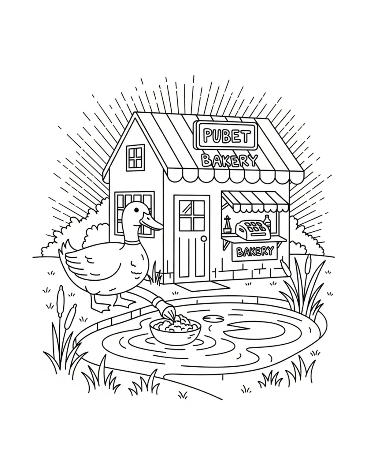Duck Bakery Beside Pond Coloring Page - free printable JPG featuring adorable duck scenes