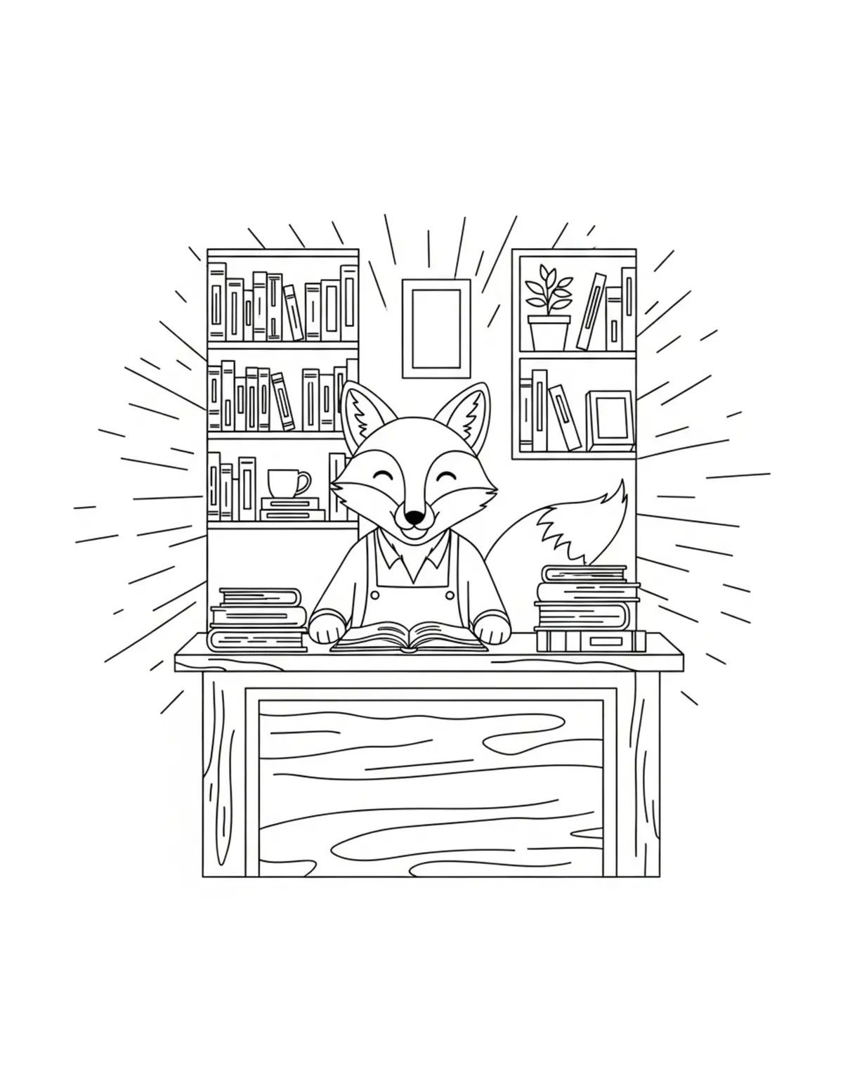 Free printable coloring page: fox bookstore counter coloring page. Cute and cozy bookstore and reading design for kids and adults to download and print.