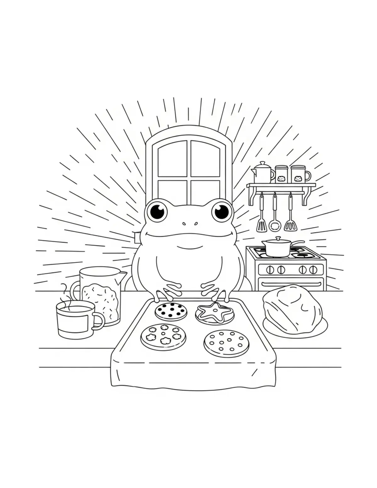 Free printable coloring page: frog cottage kitchen baking co coloring page. Cute and cozy design for kids and adults to download and print.