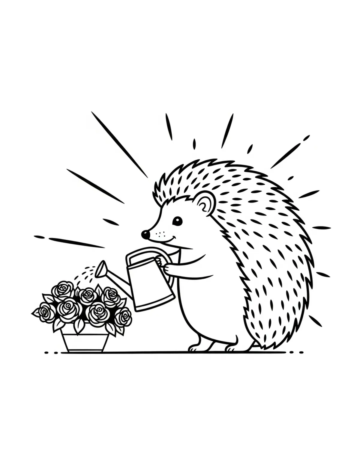 Free printable coloring page: hedgehog watering roses coloring page. Cute and cozy hedgehog garden design for kids and adults to download and print.