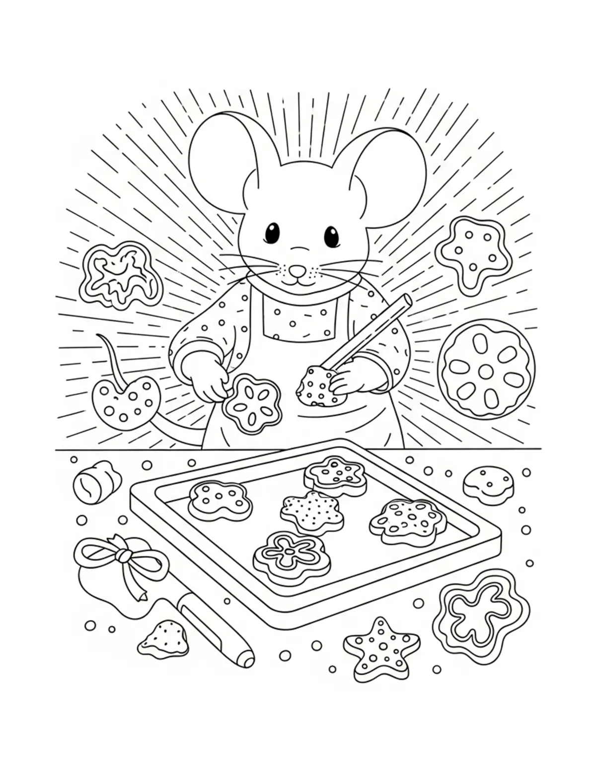 Free printable coloring page: mouse cookie baking scene coloring page. Cute and cozy mouse tea party design for kids and adults to download and print.