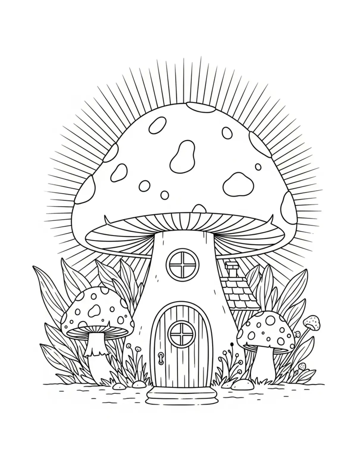 Free printable coloring page: mushroom-cottage-scene-with-hi coloring page. Cute and cozy design for kids and adults to download and print.