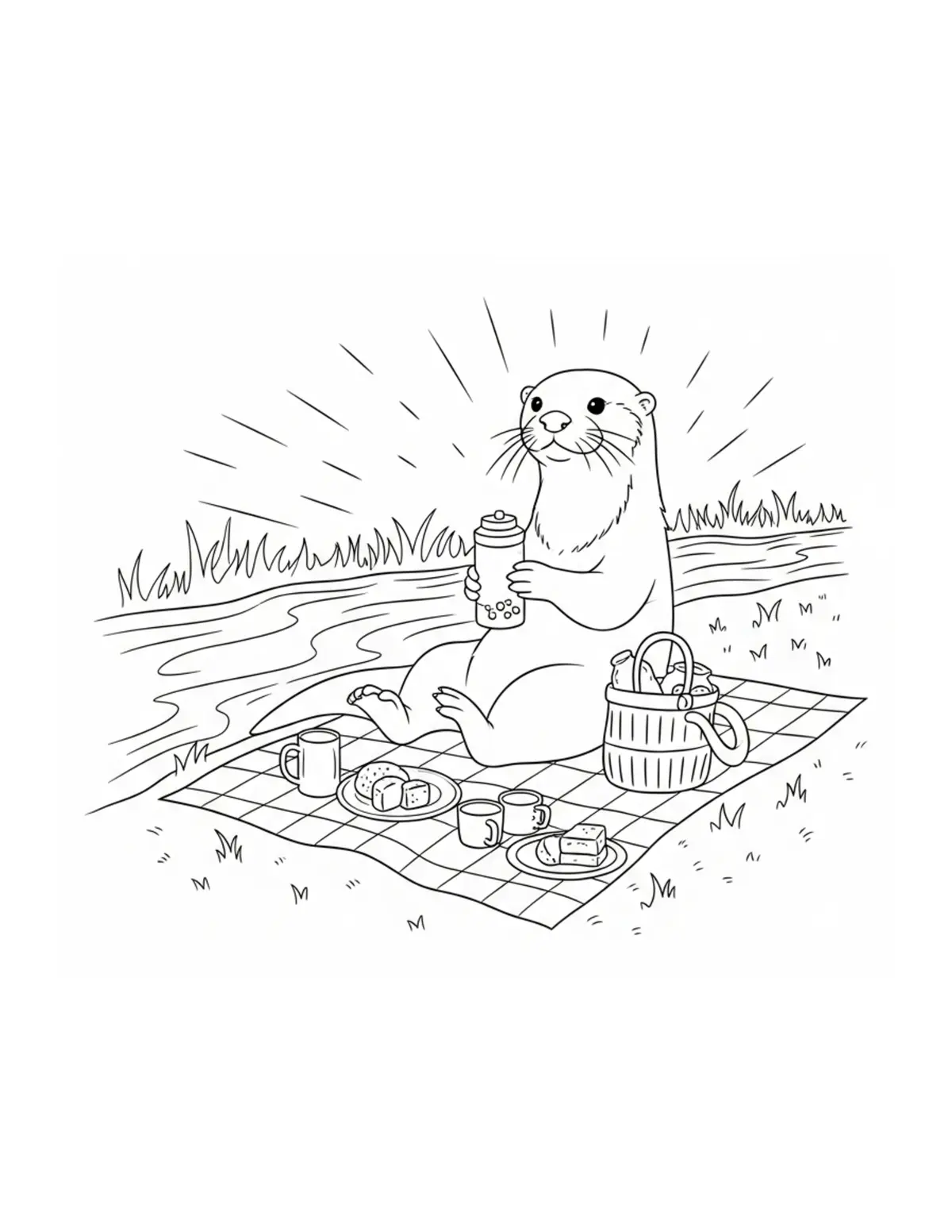 Otter Picnic Beside River coloring page - free printable JPG featuring adorable otters