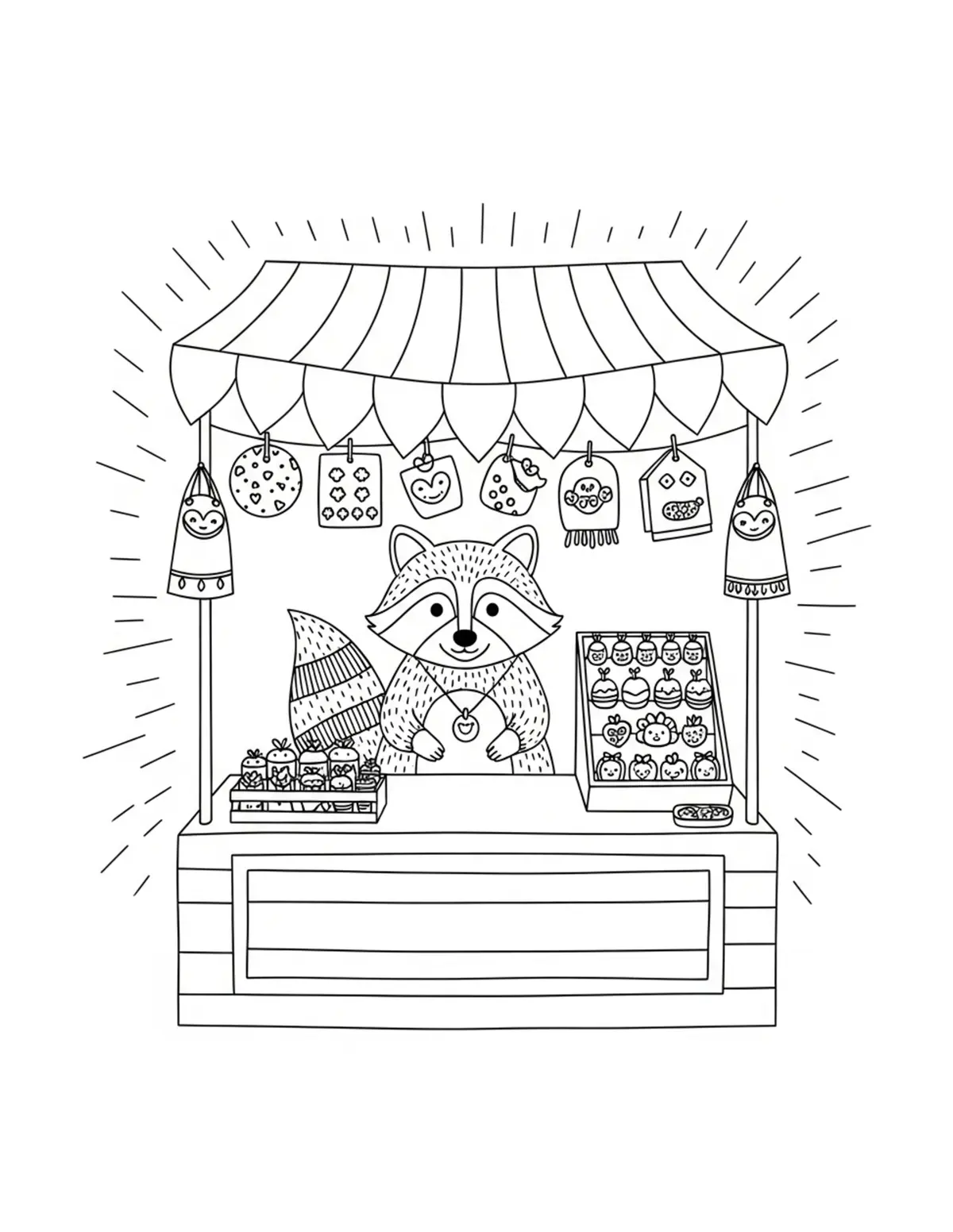 Raccoon Handmade Craft Stall coloring page - free printable JPG featuring adorable raccoons at a market