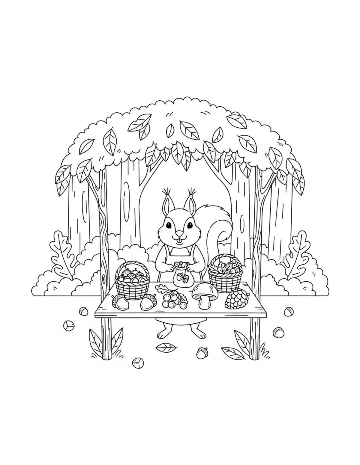 Squirrel Forest Market Stall coloring page - free printable JPG featuring adorable squirrels in a woodland scene