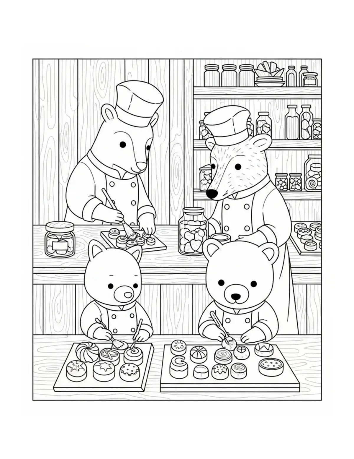Animal Candy Makers Preparing  Coloring Page - free printable JPG featuring adorable tiny animal village scene