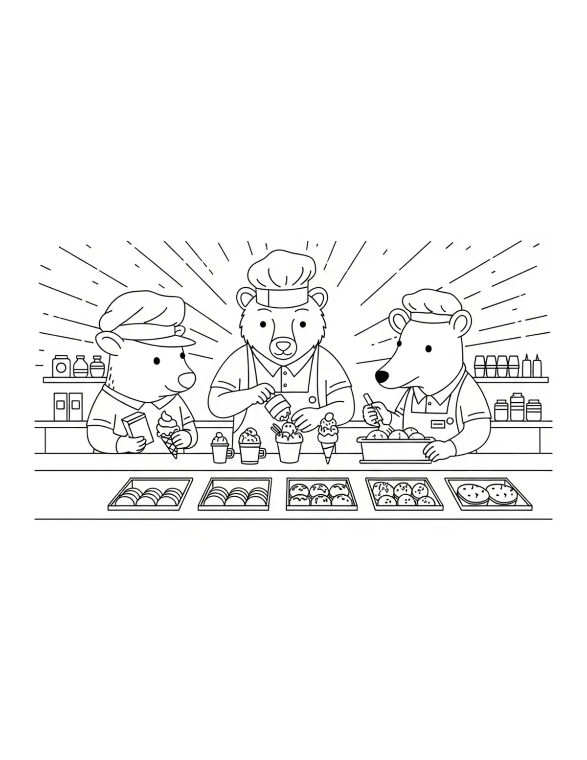 Animal Ice Cream Makers Prepar Coloring Page - free printable JPG featuring adorable tiny animal village scene