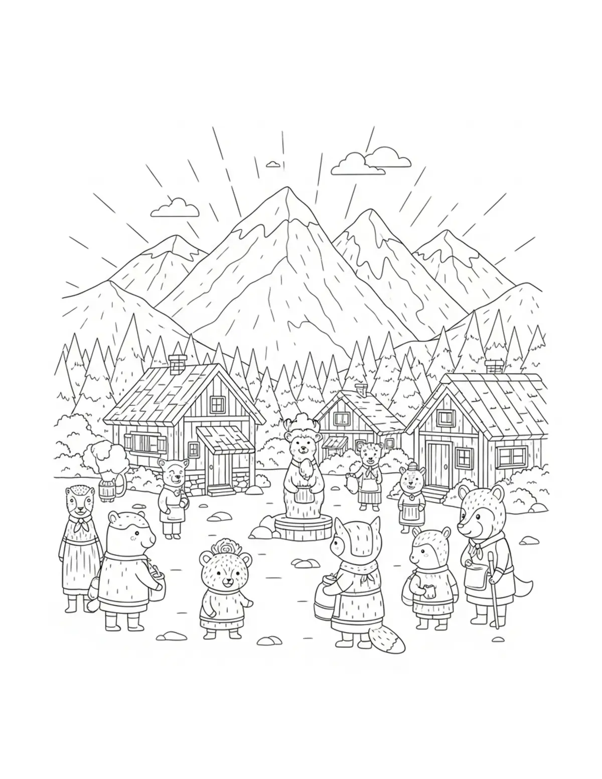 Animal Villagers Gathering In  Coloring Page - free printable JPG featuring adorable tiny animal village scene