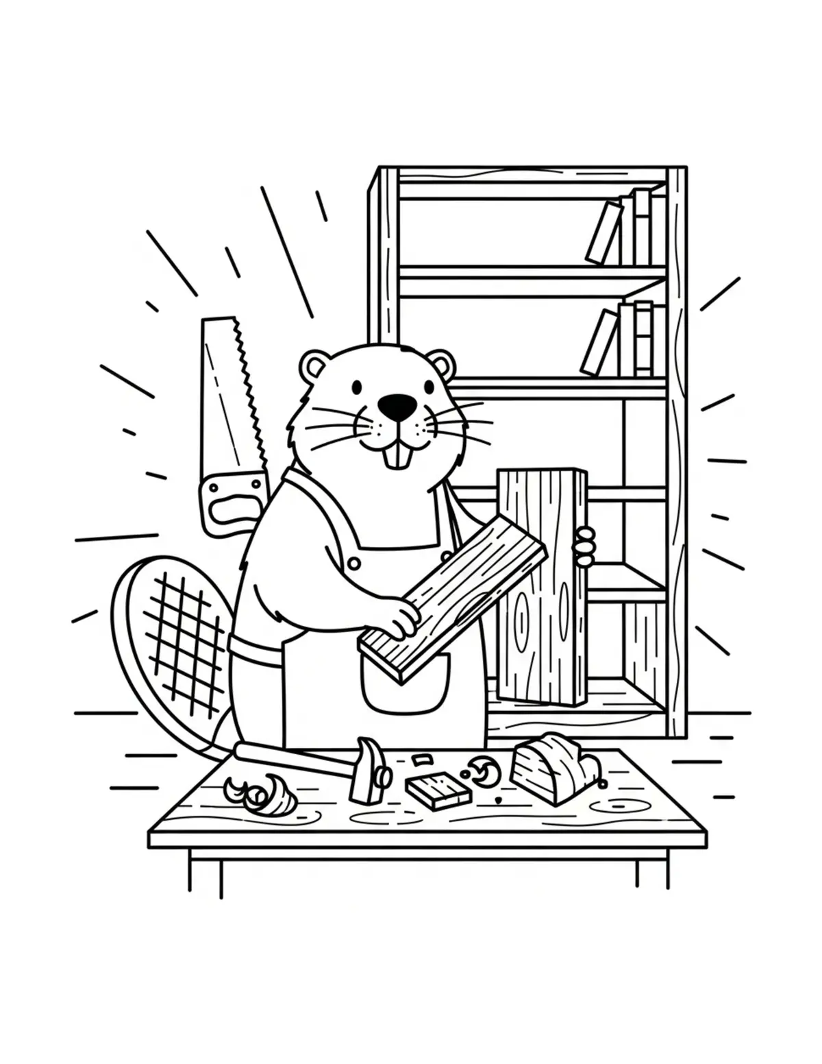 Beaver Creating a Bookshelf in the Workshop Coloring Page - free printable JPG featuring adorable woodland beaver