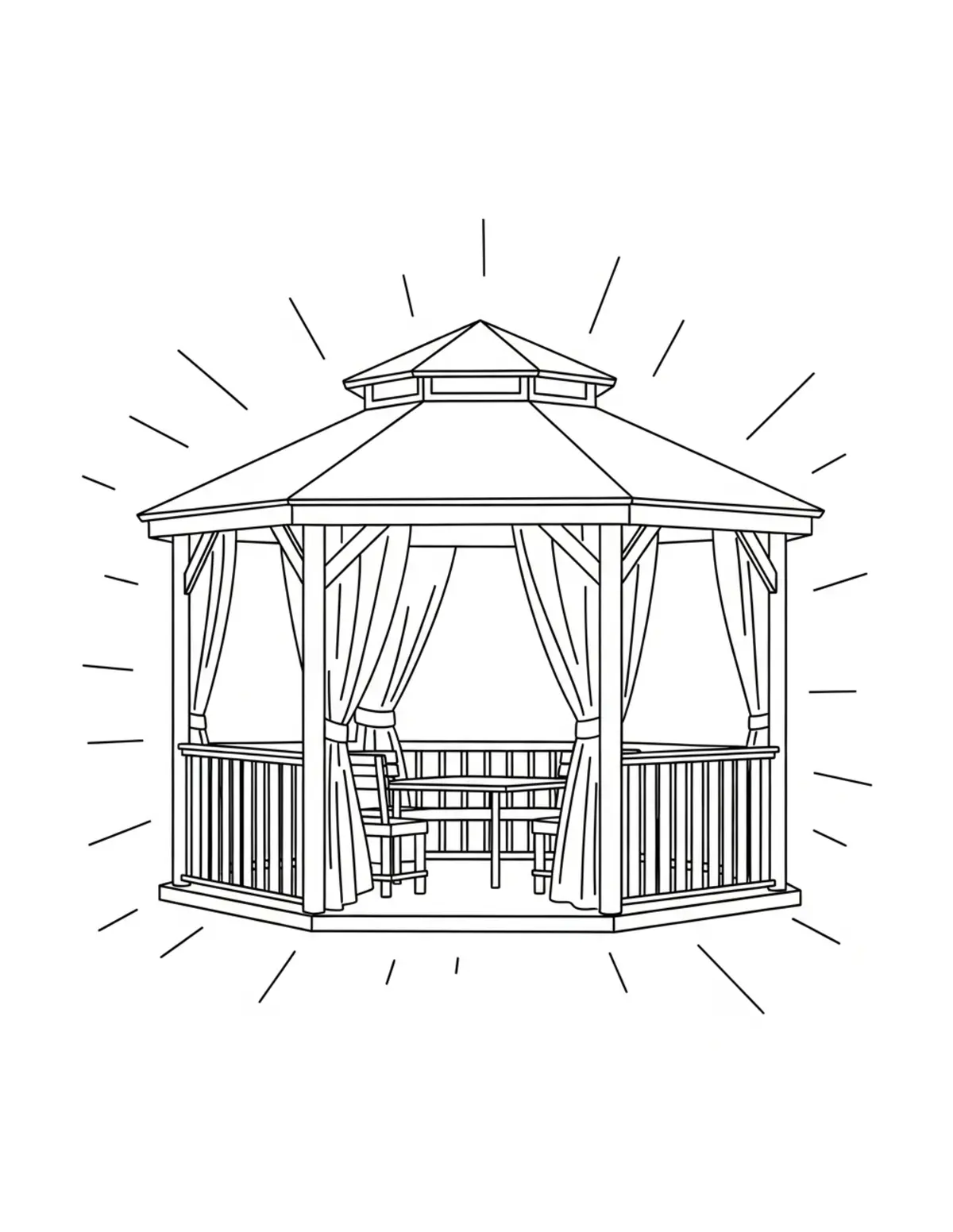 Free printable coloring page: bold-easy-gazebo coloring page. Cute and cozy design for kids and adults to download and print.