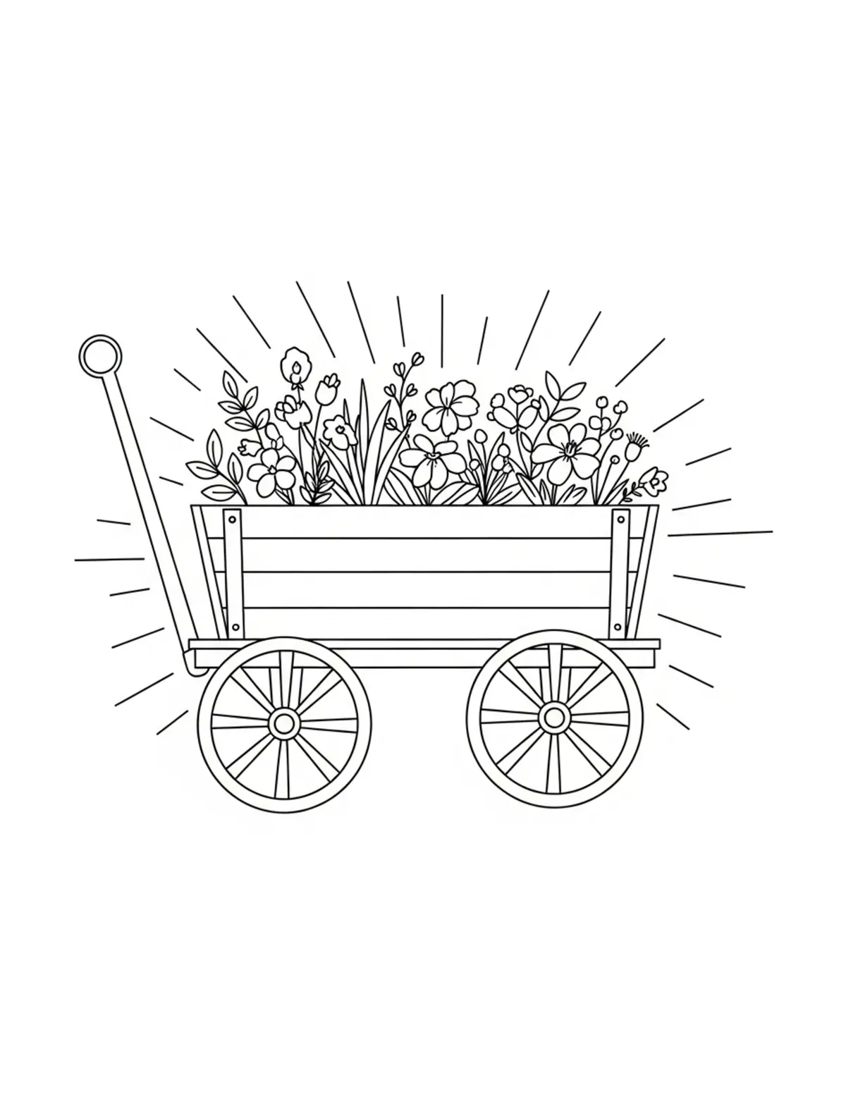 Free printable coloring page: cozy summer garden wagon coloring page. Cute and cozy summer design for kids and adults to download and print.