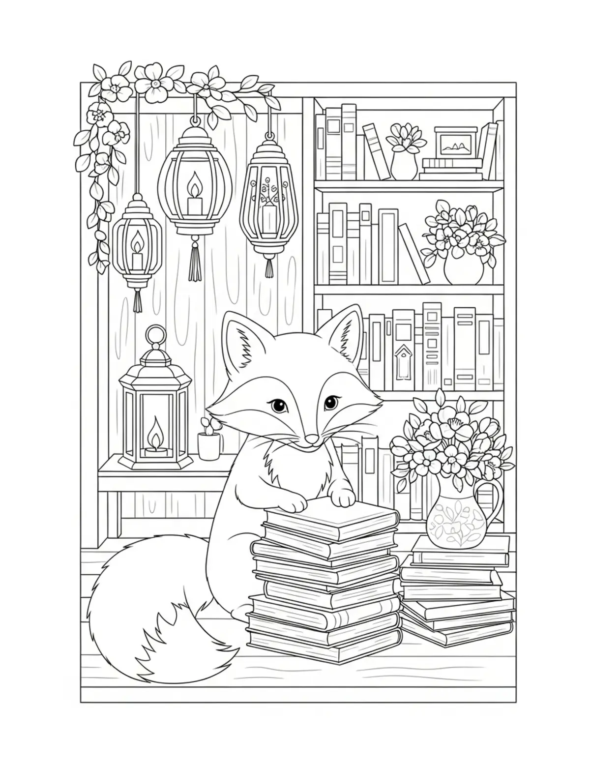 Cute Fox Bookstore — free printable cozy coloring coloring page for kids and adults