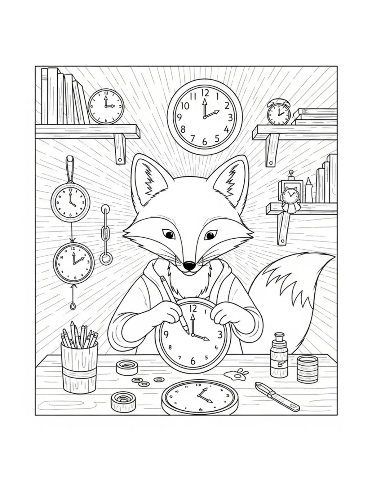 Cute Fox Creating Handmade Clothing coloring page - free printable JPG featuring adorable woodland animals