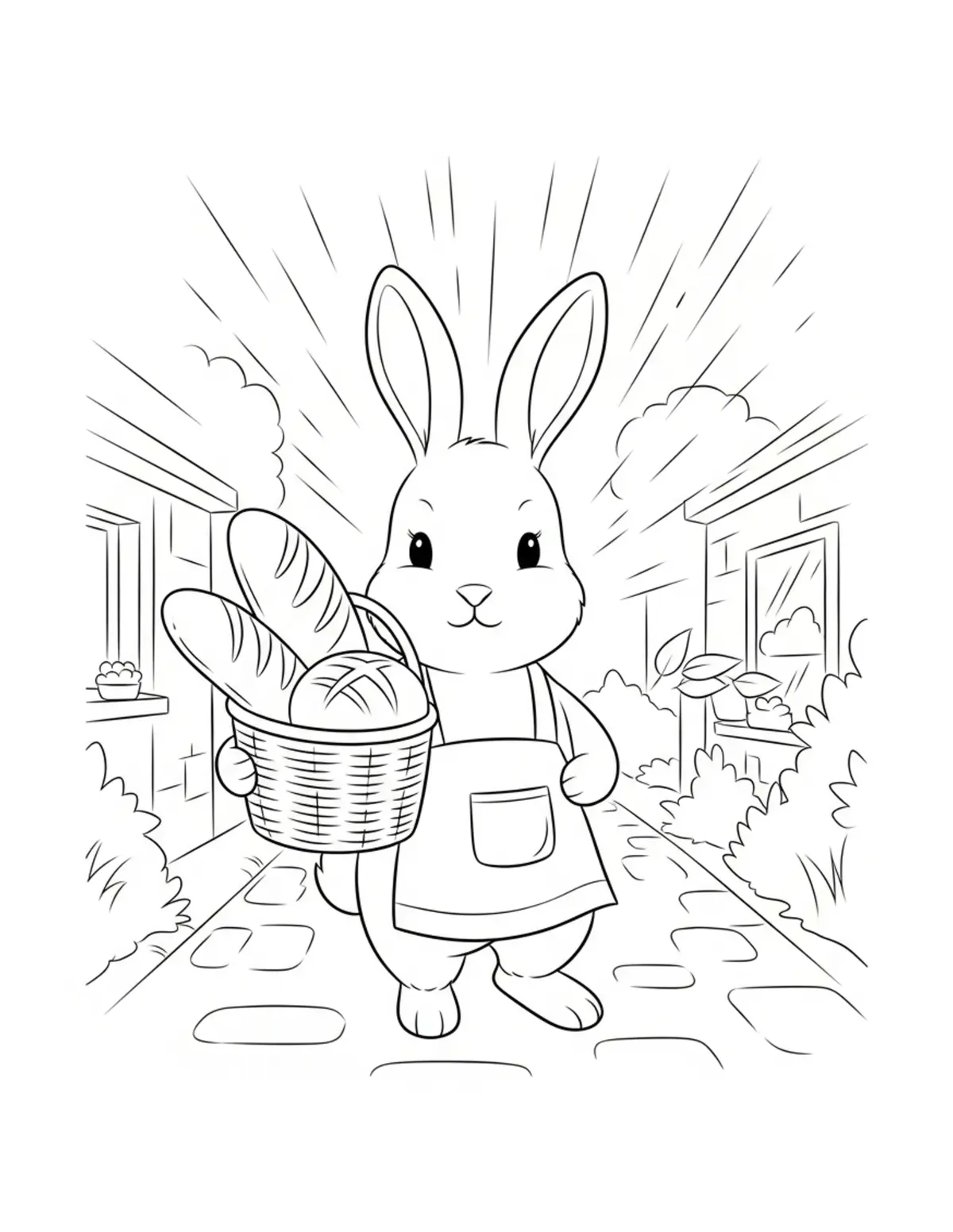 Cute Rabbit Village Bakery Col — free printable cozy coloring coloring page for kids and adults