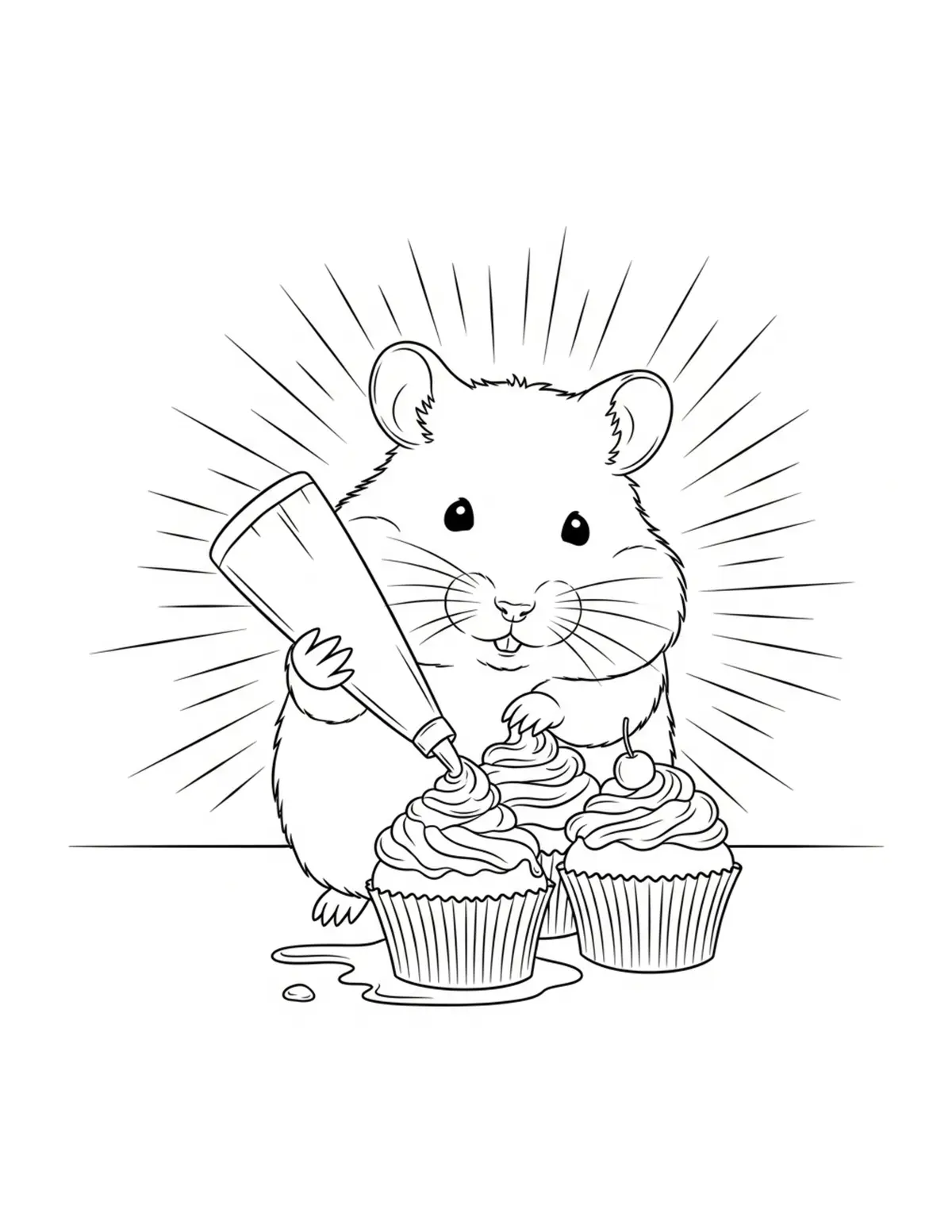 Hamster Frosting Cupcakes With Coloring Page - free printable JPG featuring adorable hamster baking