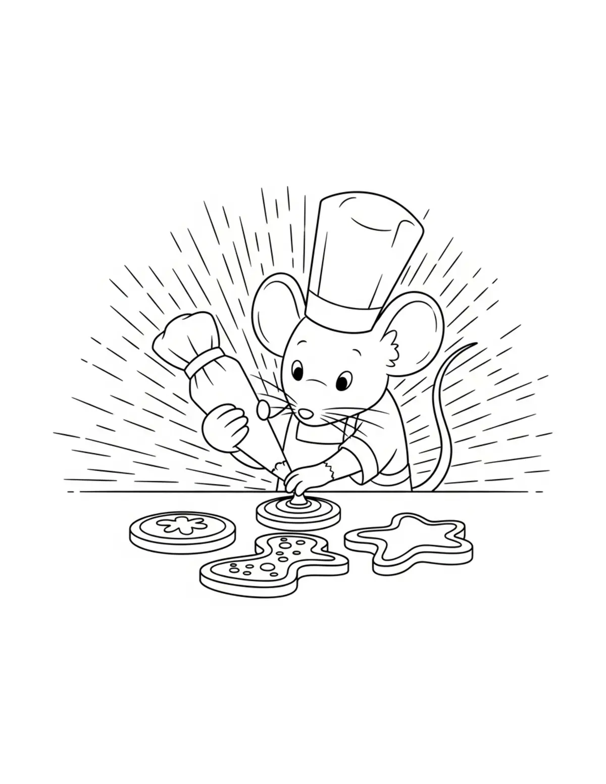 Mouse Decorating Cookies With Coloring Page - free printable JPG featuring adorable mouse bakery scenes