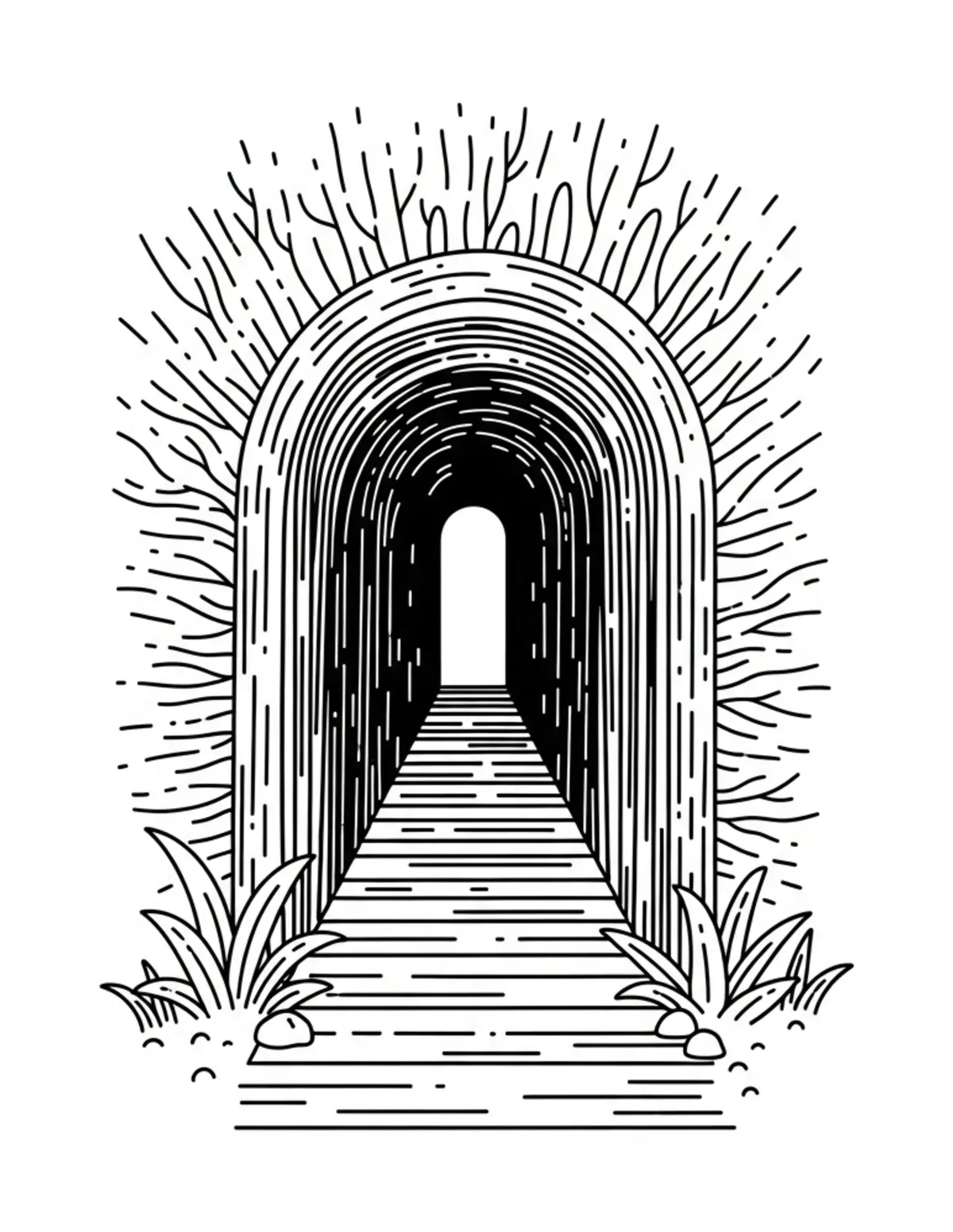 Free printable coloring page: mystery-woodland-passageway coloring page. Cute and cozy design for kids and adults to download and print.