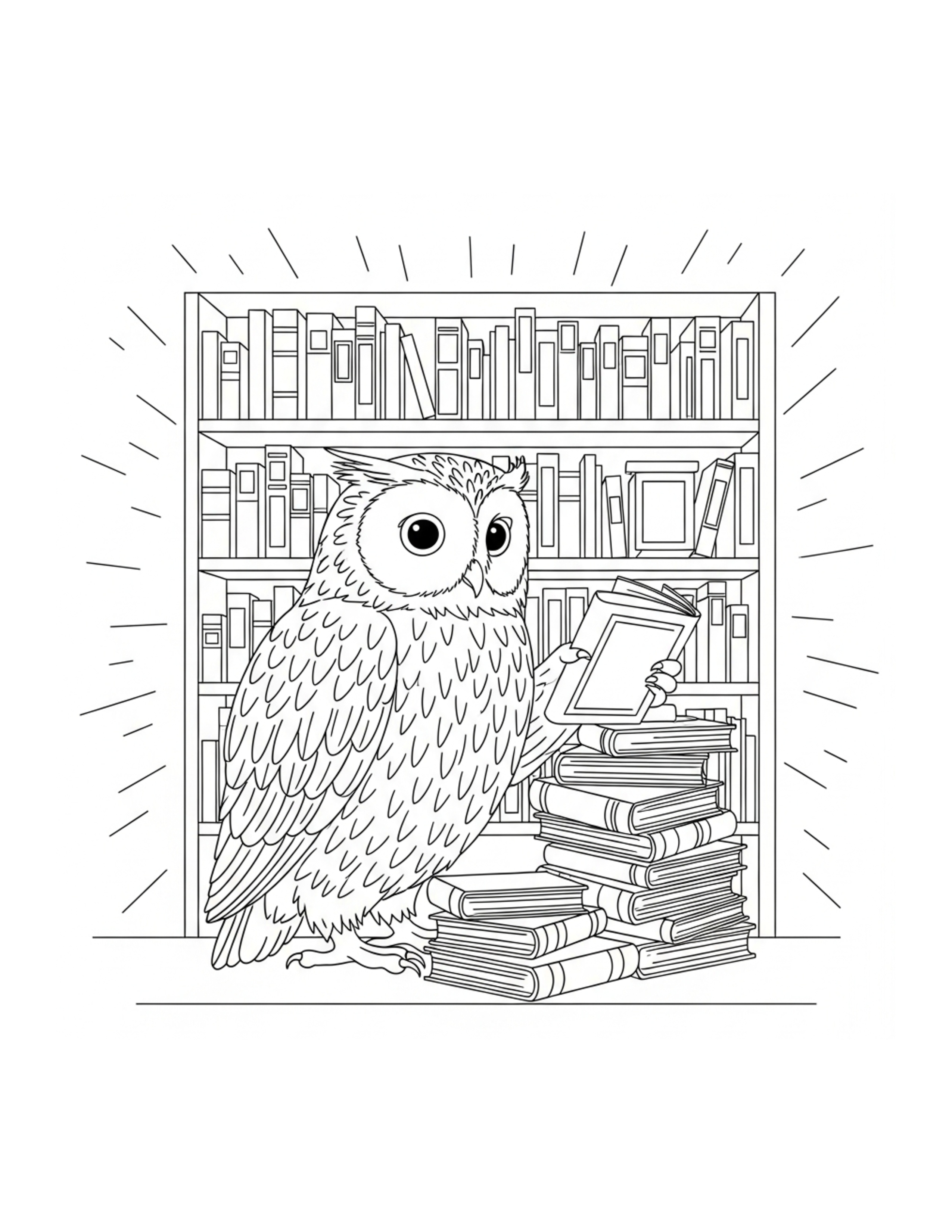Owl Arranging Books In A Woodl Coloring Page - free printable JPG featuring adorable owl