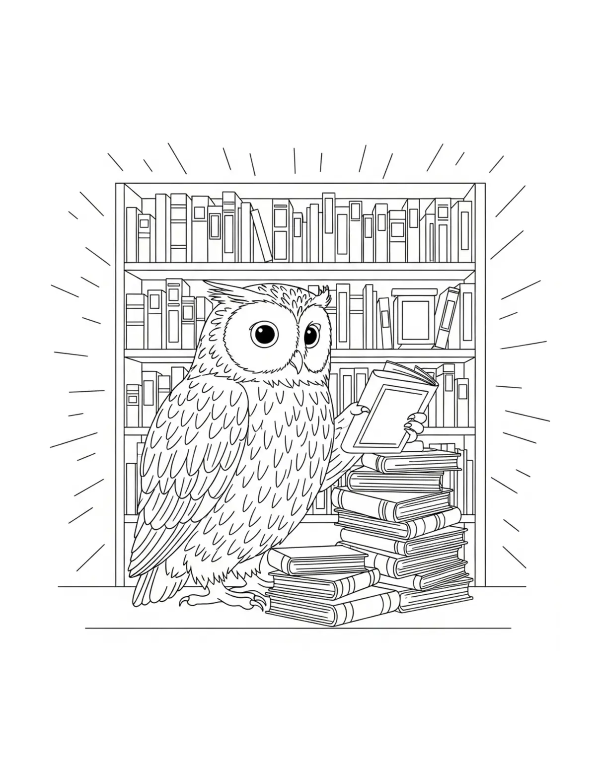 Owl Arranging Books In A Woodl Coloring Page - free printable JPG featuring adorable owl
